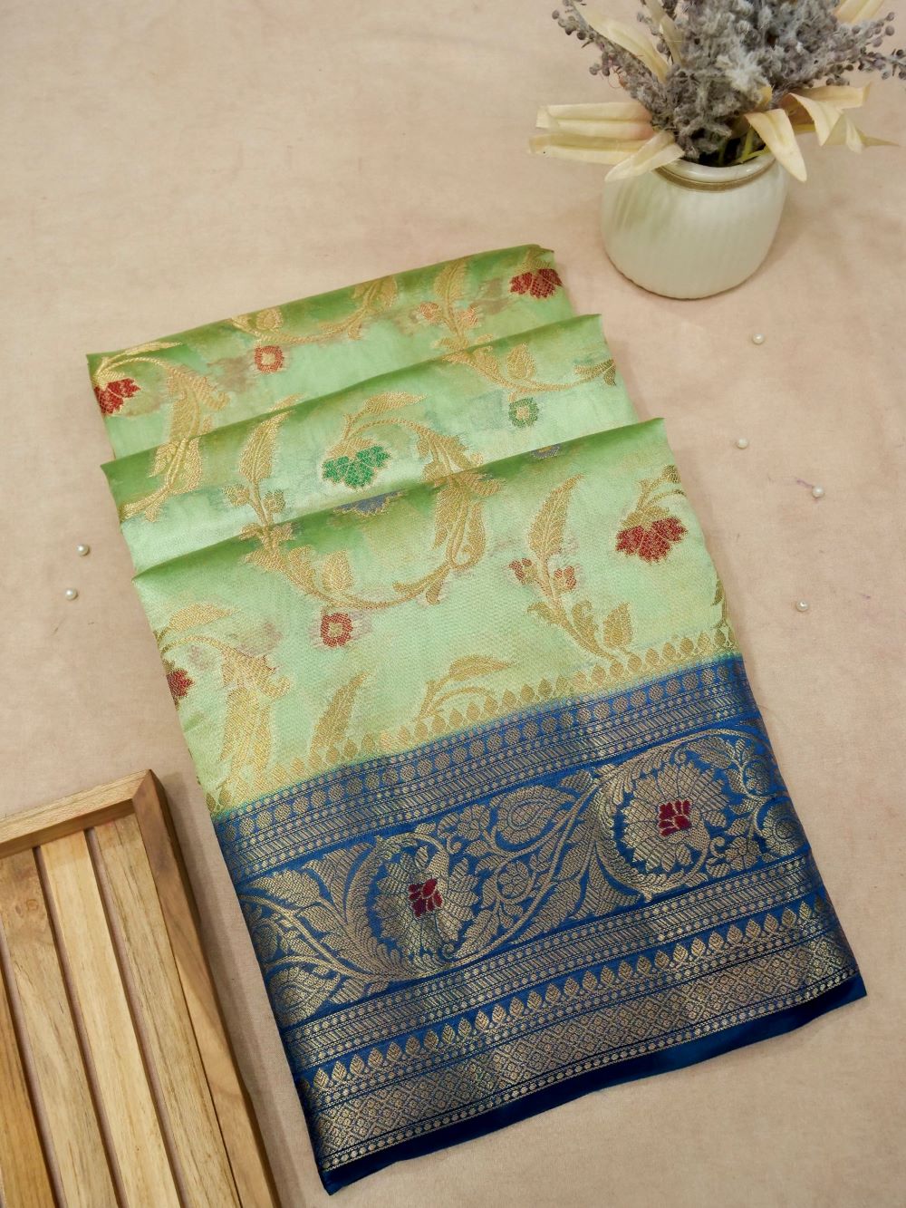 Banarasi Pure Dupion Silk Allover Zari and Resham Meena Jaal Design Contrast Blouse