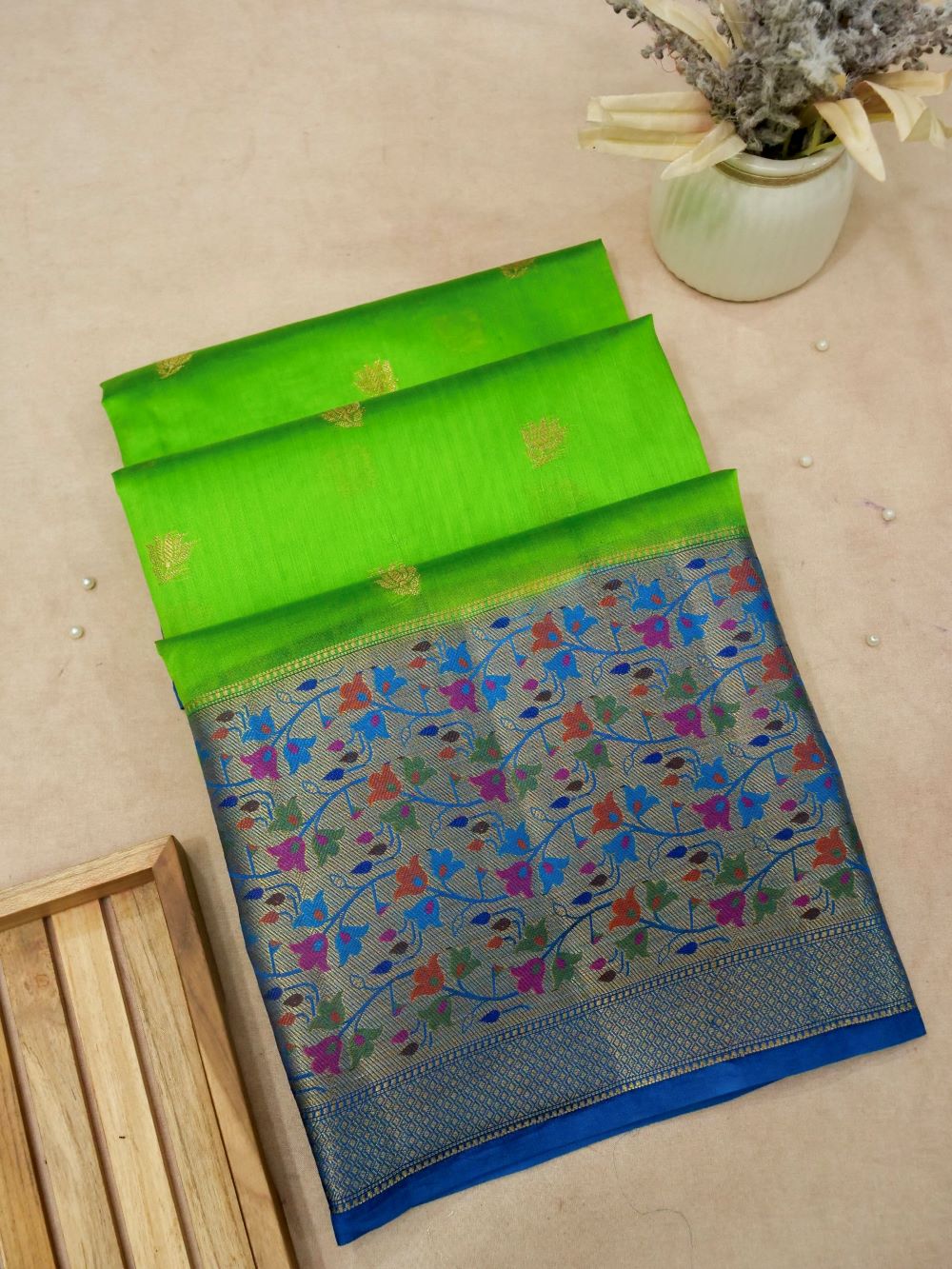 Banarasi Pure Dupion Silk Allover Zari Buti Design with Paithni Border Contrast Blouse