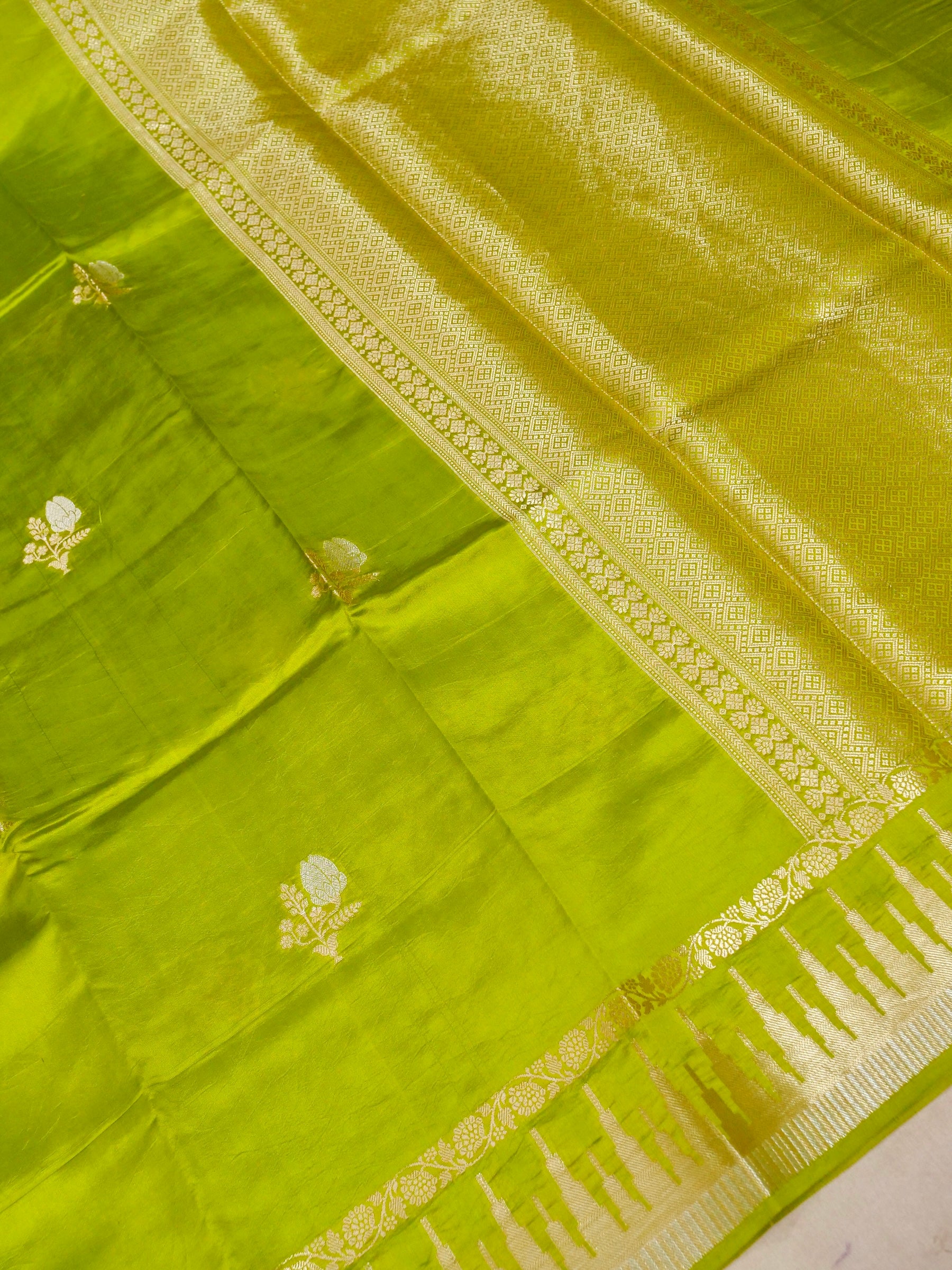 Banarasi Mango Silk Saree Allover Sona Rupa Zari Buti with Contrast Blouse