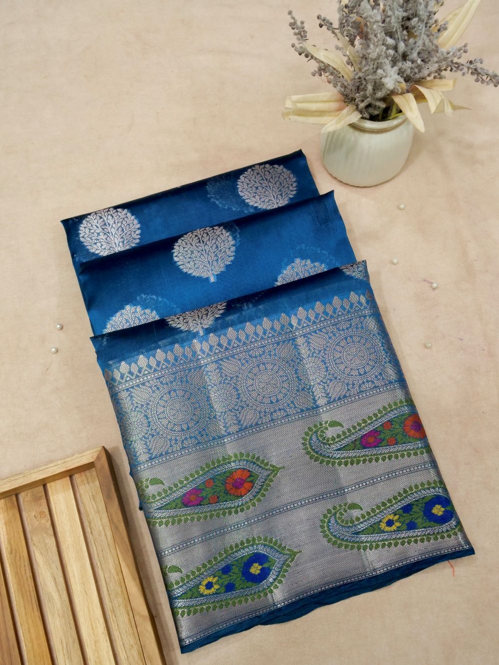 Banarasi Pure Dupion Silk Allover Zari Buti Design with Resham Meena Double Carry Border