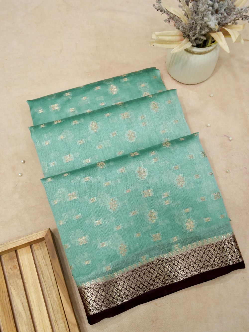 Banarasi Chiniya Silk Allover Zari Buti with Small Border and Contrast Blouse