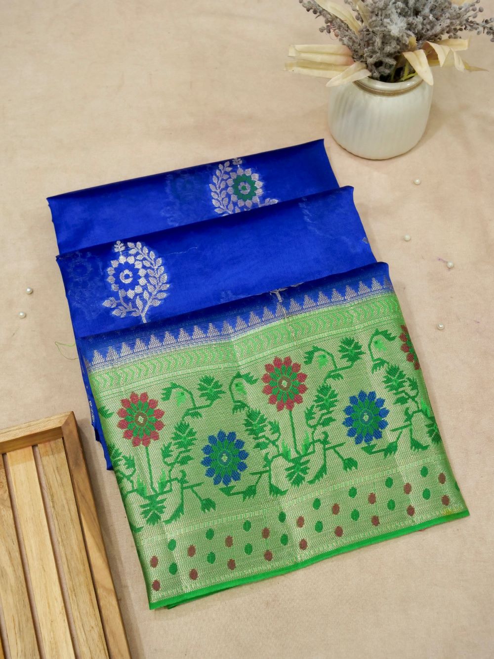 Banarasi Pure Dupion Silk Allover Zari Buti Design with Hand Brushing Contrast Blouse