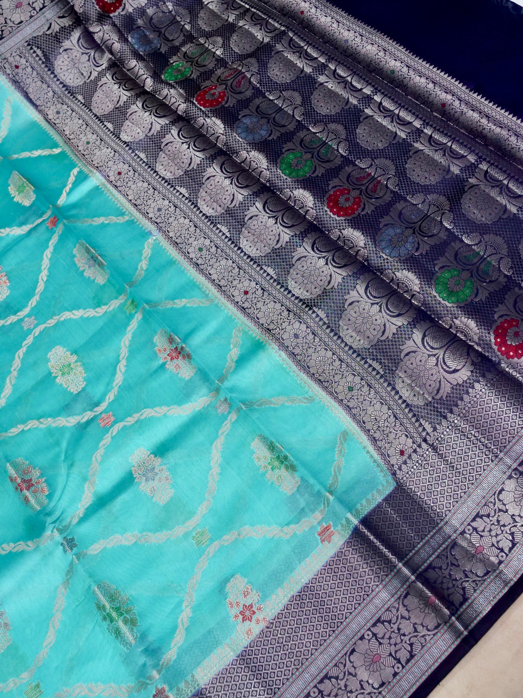 Banarasi Pure Dupion Silk Allover Zari Zjaal Design with Tilfi Meena in Border Allover Saree