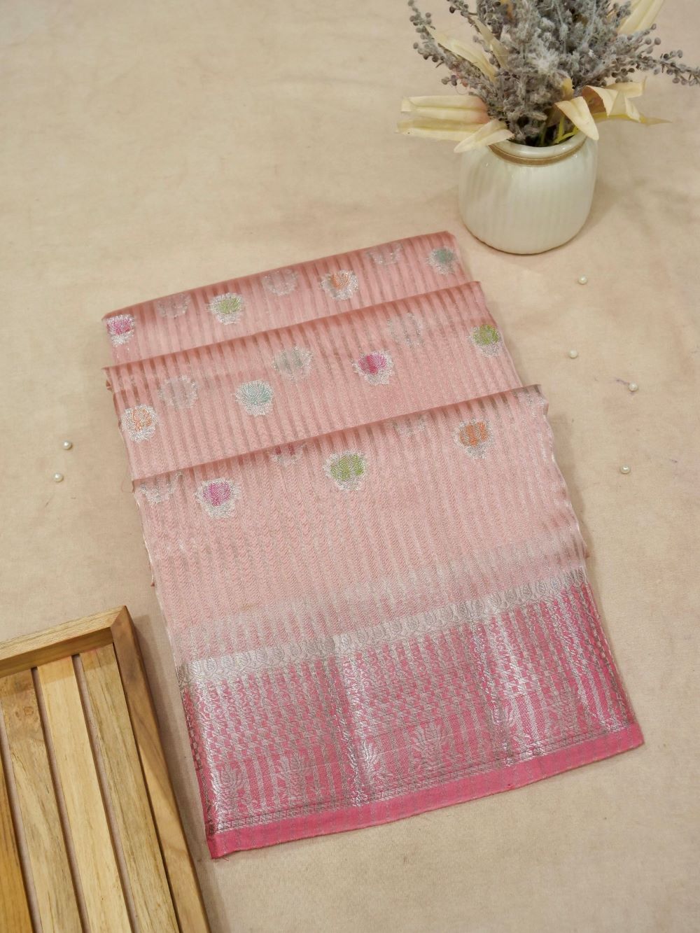Banarasi Pure Organza Silk with Tissue Stripe Zari Buti and Hand Brushing