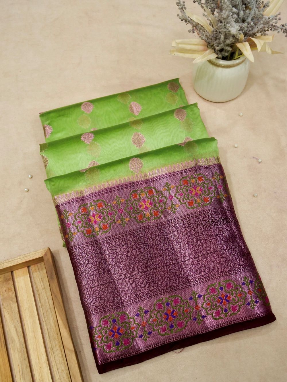 Banarasi Pure Dupion Silk Allover Zari Buti Design with Hand Brushing Contrast Blouse