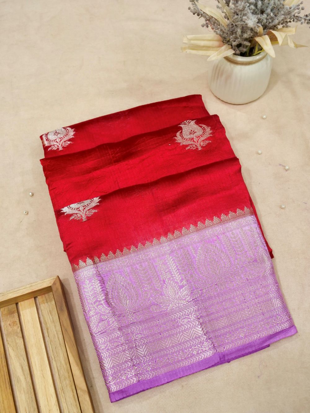 Banarasi Mulbar Silk Saree with Zari Floral Buti Contrast Border and Blouse
