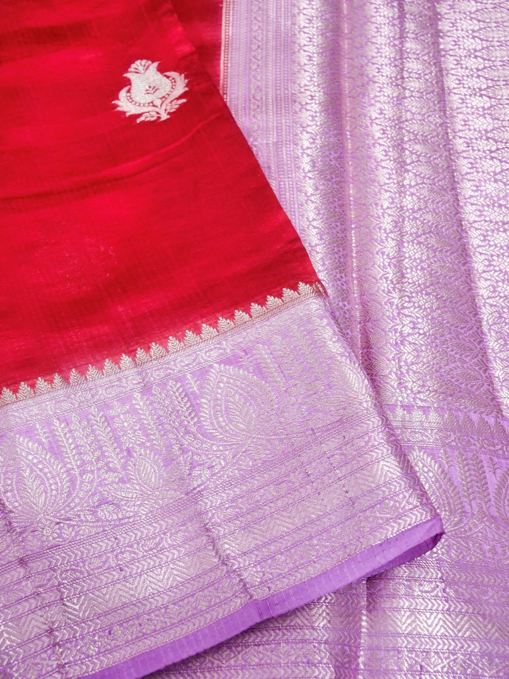 Banarasi Mulbar Silk Saree with Zari Floral Buti Contrast Border and Blouse