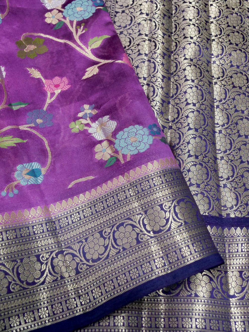 Banarasi Pure Mango Silk Allover Zari Jaal with Tilfi Resham Meena
