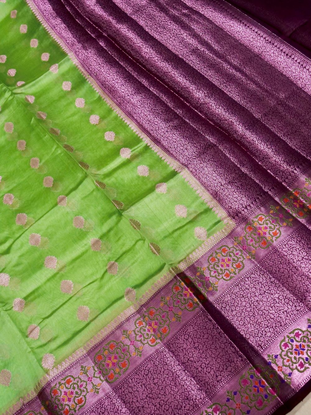 Banarasi Pure Dupion Silk Allover Zari Buti Design with Hand Brushing Contrast Blouse