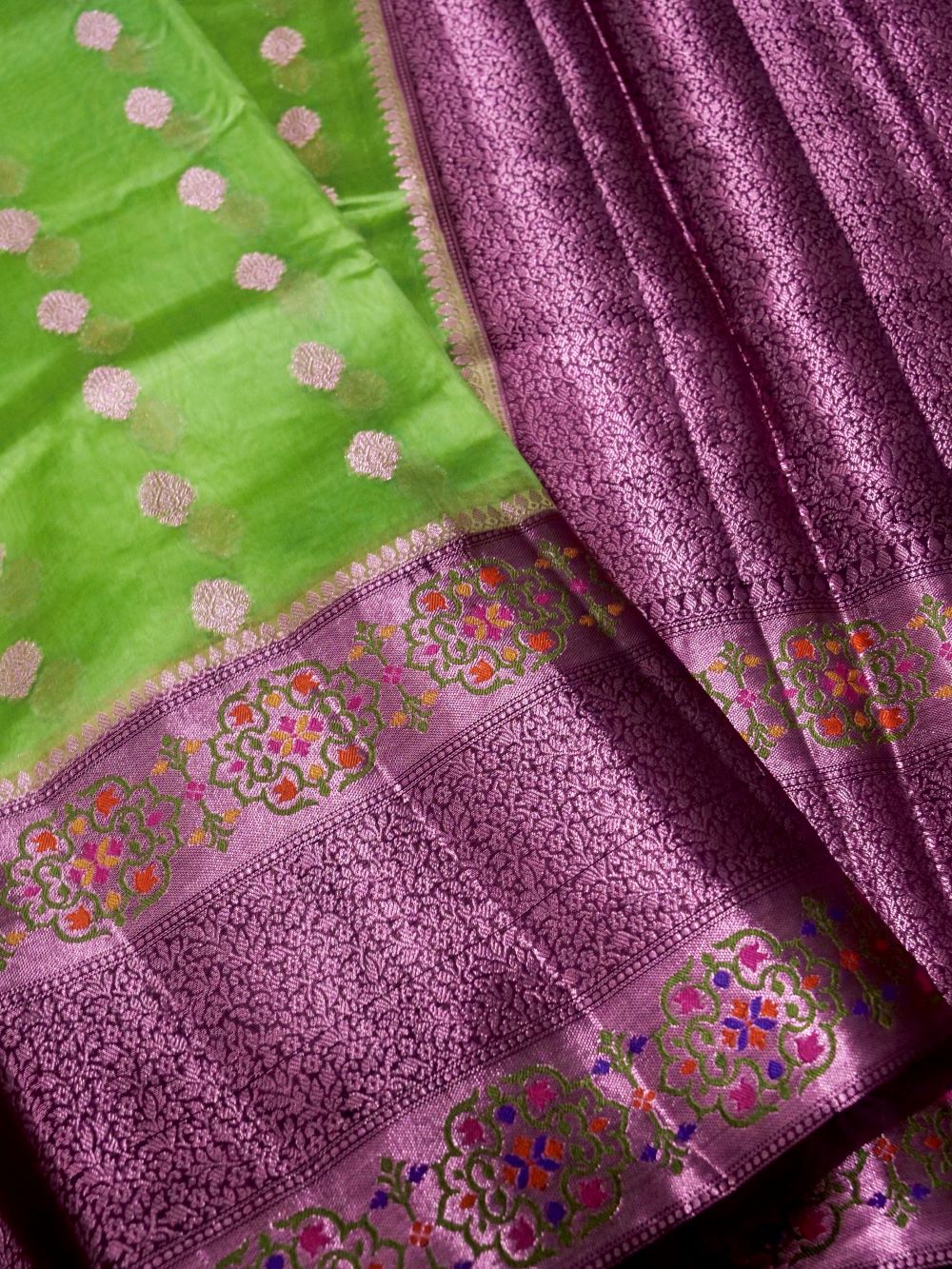 Banarasi Pure Dupion Silk Allover Zari Buti Design with Hand Brushing Contrast Blouse