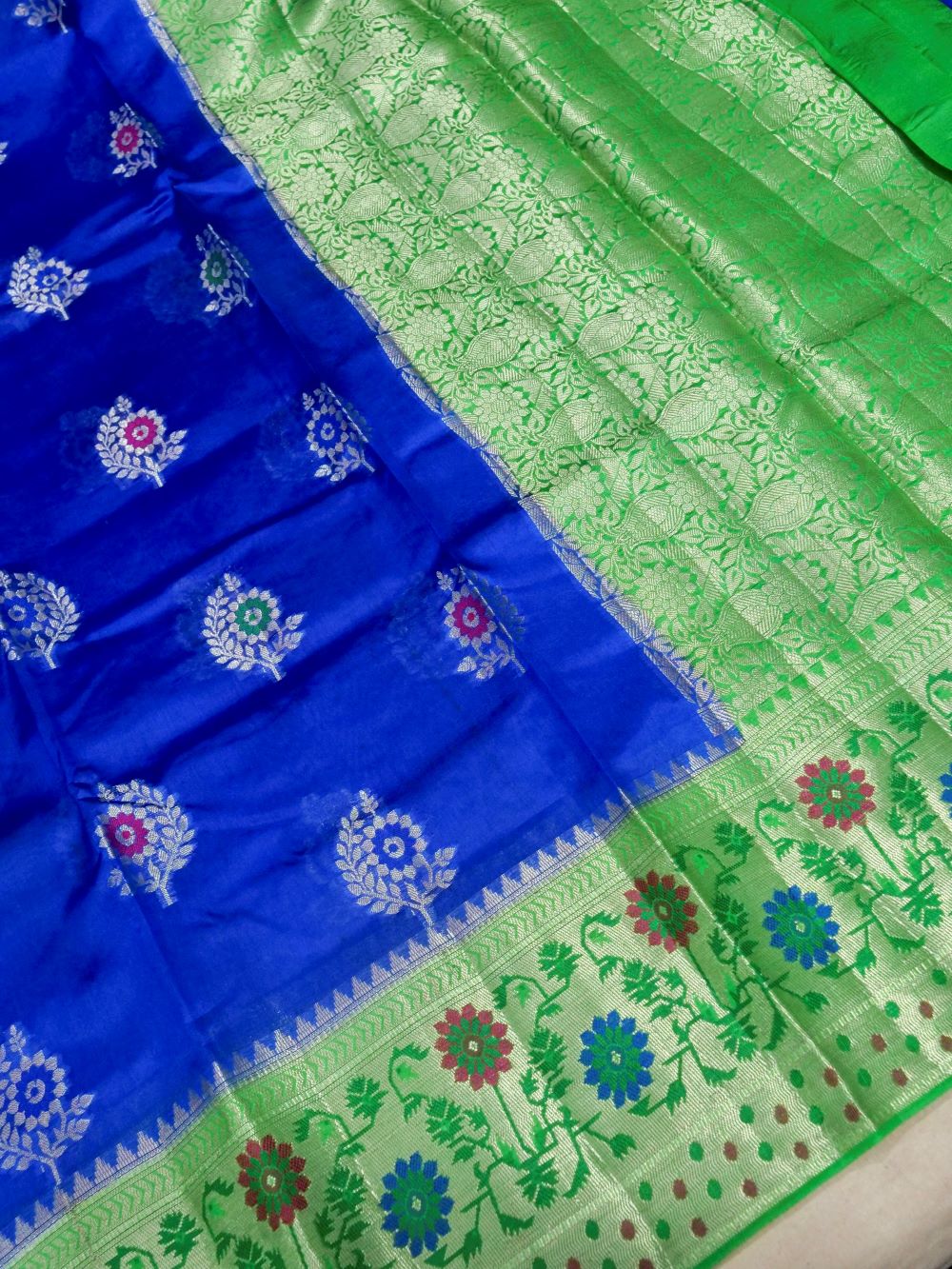 Banarasi Pure Dupion Silk Allover Zari Buti Design with Hand Brushing Contrast Blouse