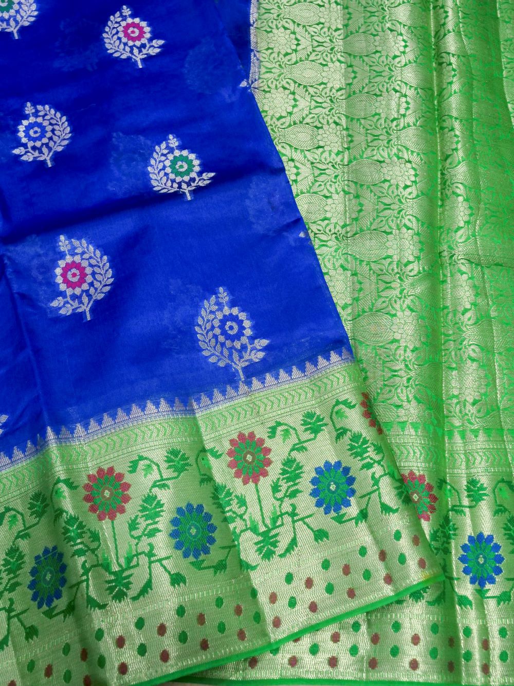 Banarasi Pure Dupion Silk Allover Zari Buti Design with Hand Brushing Contrast Blouse