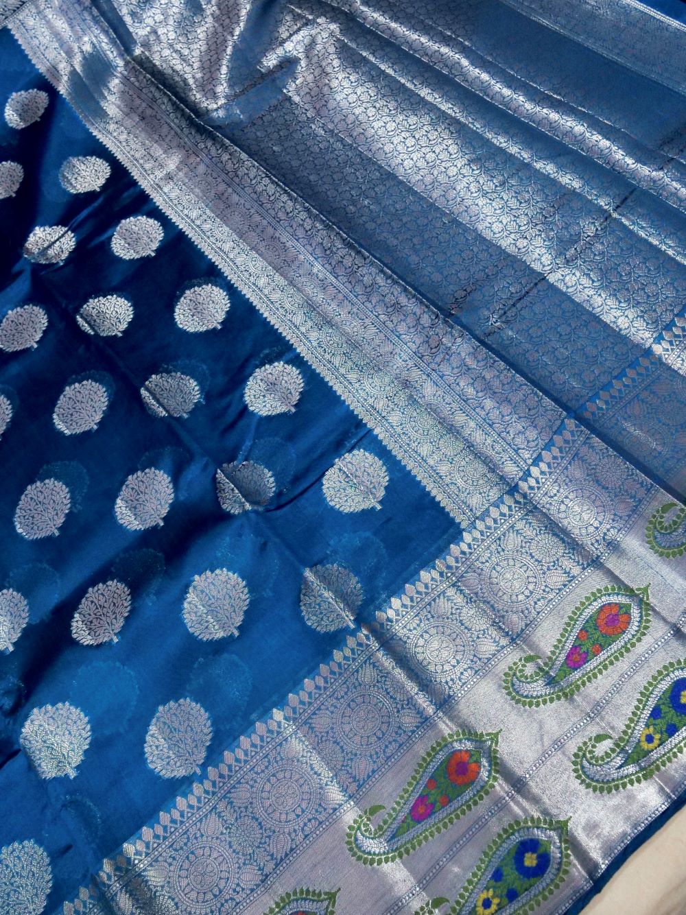 Banarasi Pure Dupion Silk Allover Zari Buti Design with Resham Meena Double Carry Border