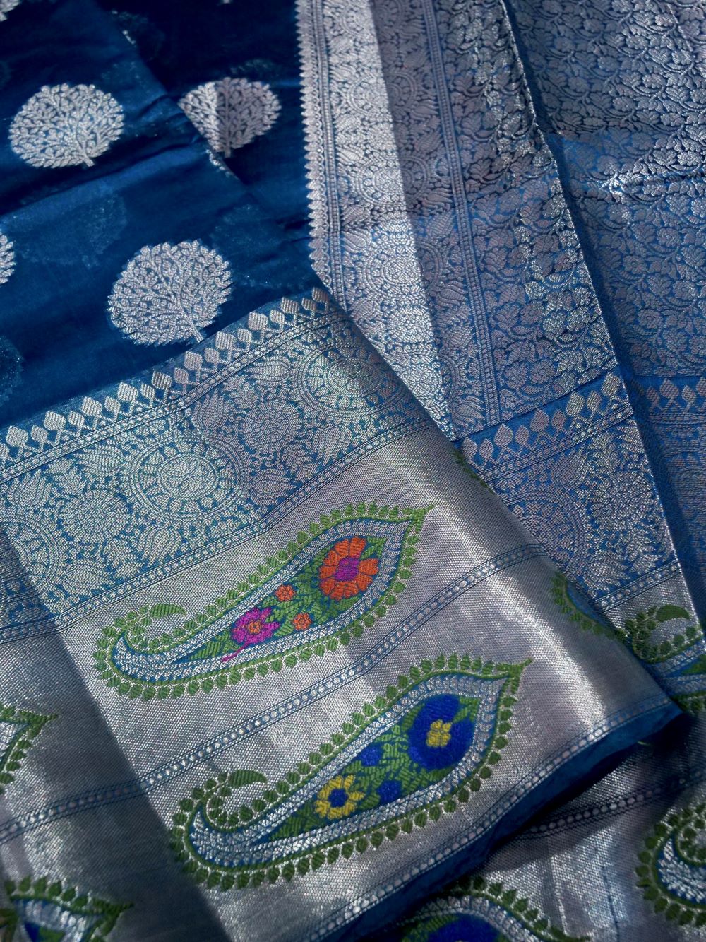 Banarasi Pure Dupion Silk Allover Zari Buti Design with Resham Meena Double Carry Border