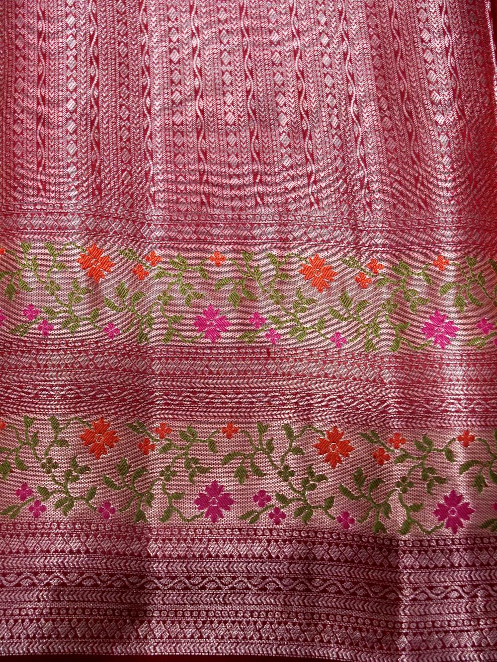 Banarasi Pure Dupion Silk Allover Zari Buti Design with Resham Meena Double Carry Border