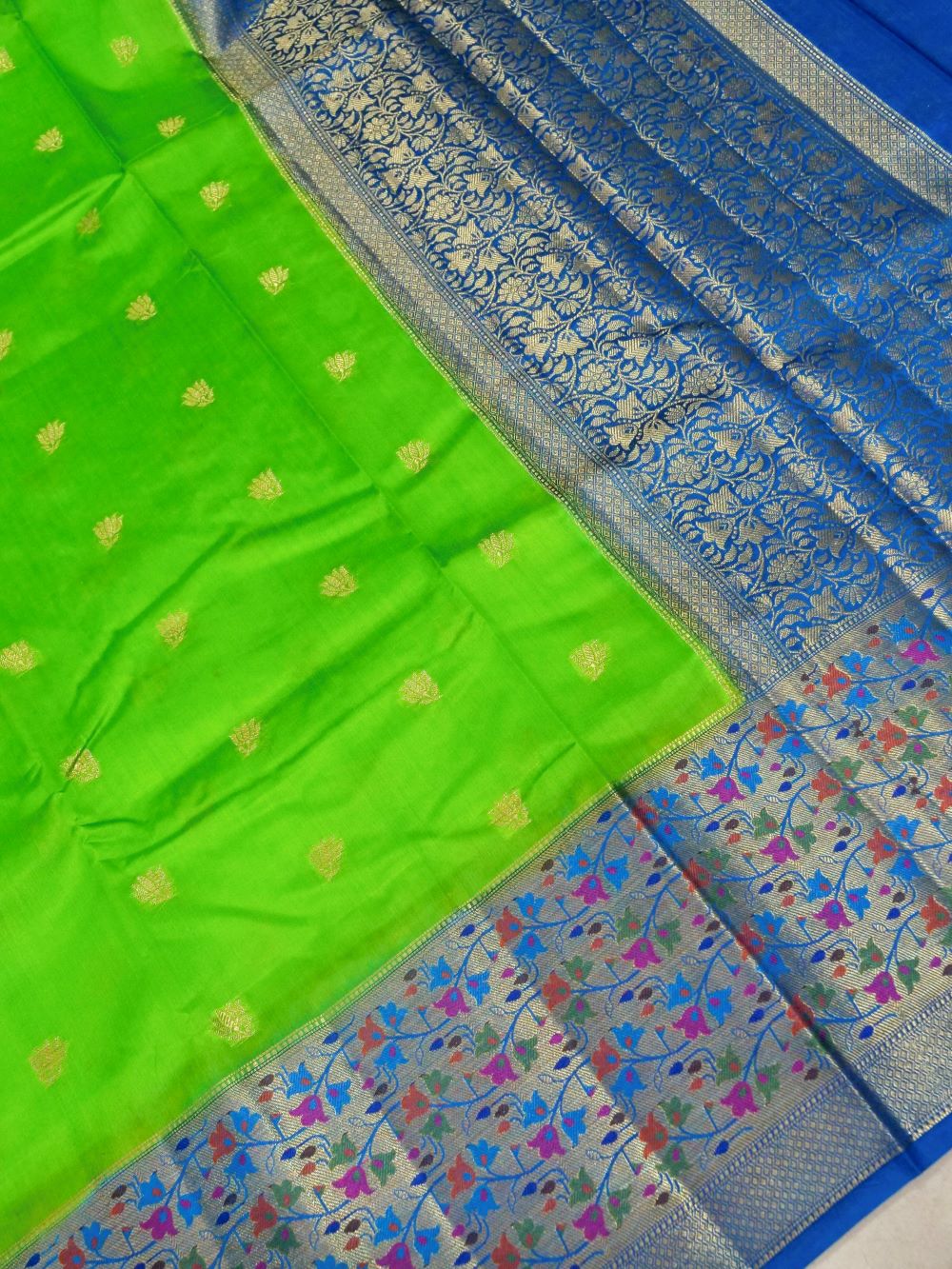 Banarasi Pure Dupion Silk Allover Zari Buti Design with Paithni Border Contrast Blouse