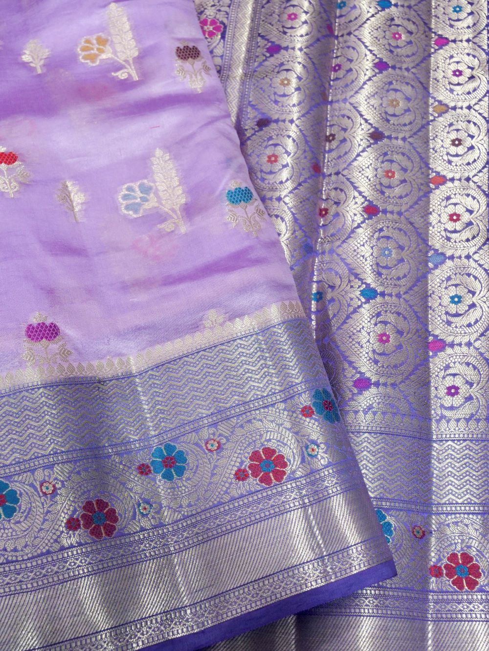 Banarasi Pure Dupion Silk Allover Zari and Resham Meena Jaal Design Contrast Blouse