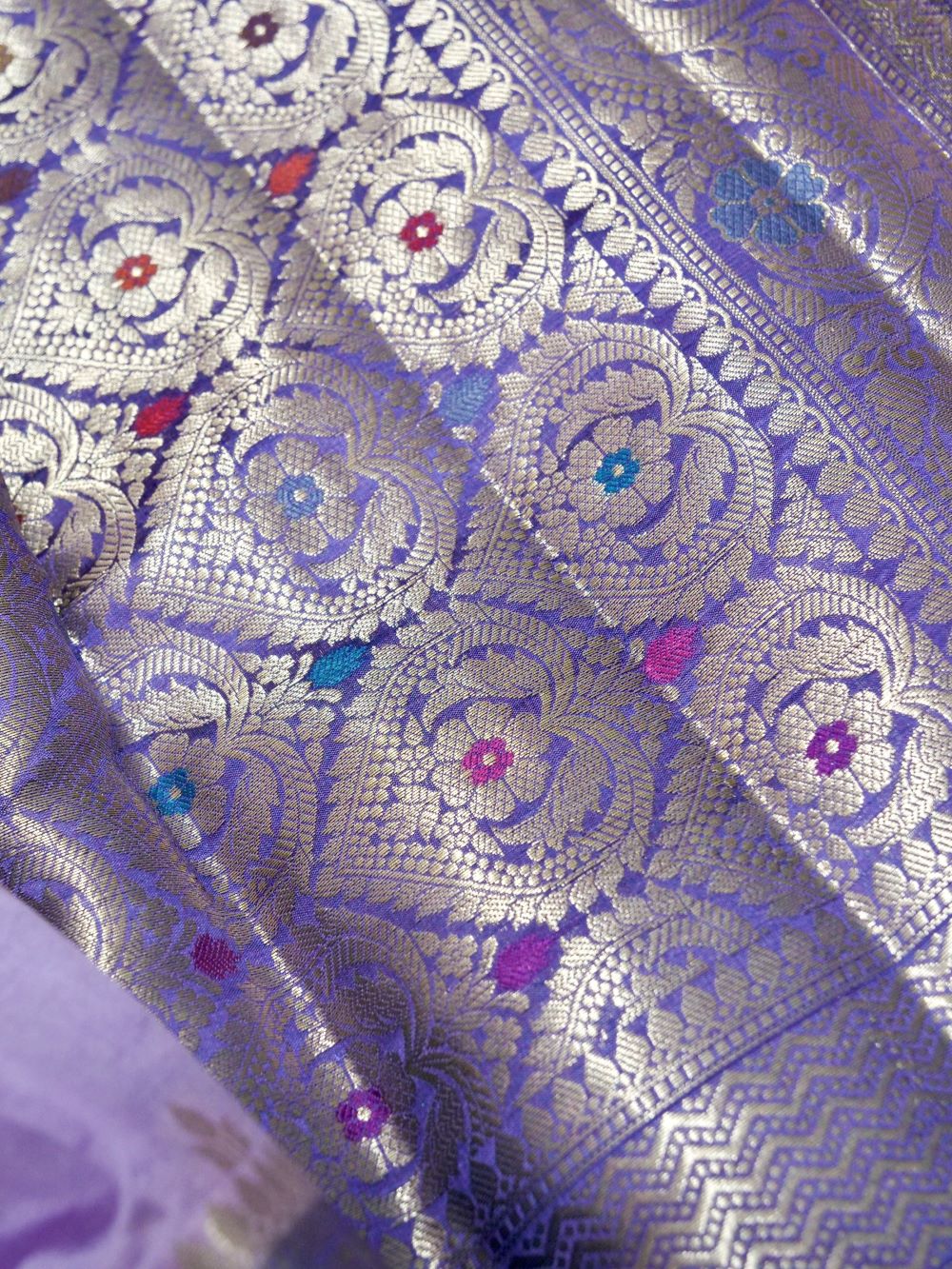 Banarasi Pure Dupion Silk Allover Zari and Resham Meena Jaal Design Contrast Blouse