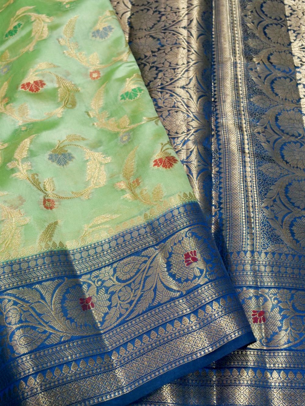 Banarasi Pure Dupion Silk Allover Zari and Resham Meena Jaal Design Contrast Blouse