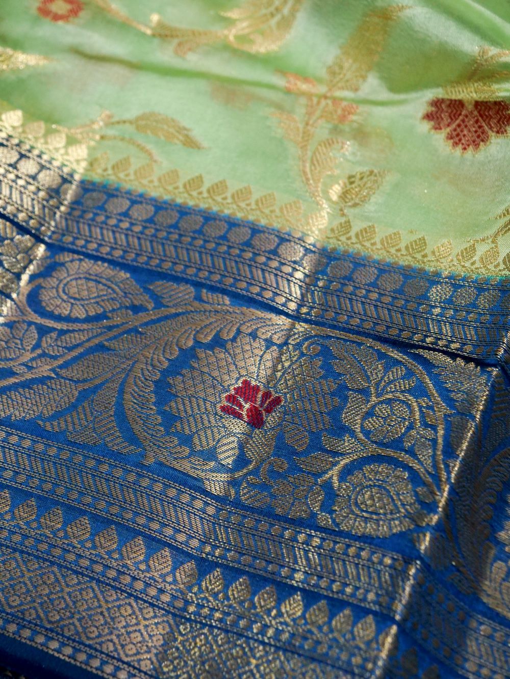 Banarasi Pure Dupion Silk Allover Zari and Resham Meena Jaal Design Contrast Blouse