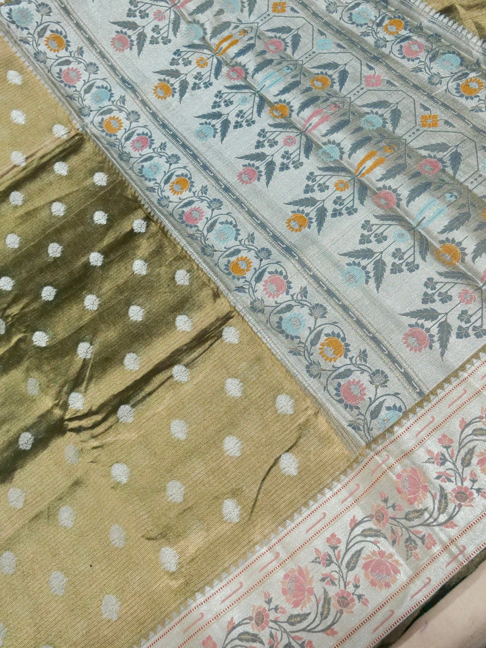 Banarasi Pure Tissue Silk Reshami Zari Silver Buti with Meena Border and Pallu