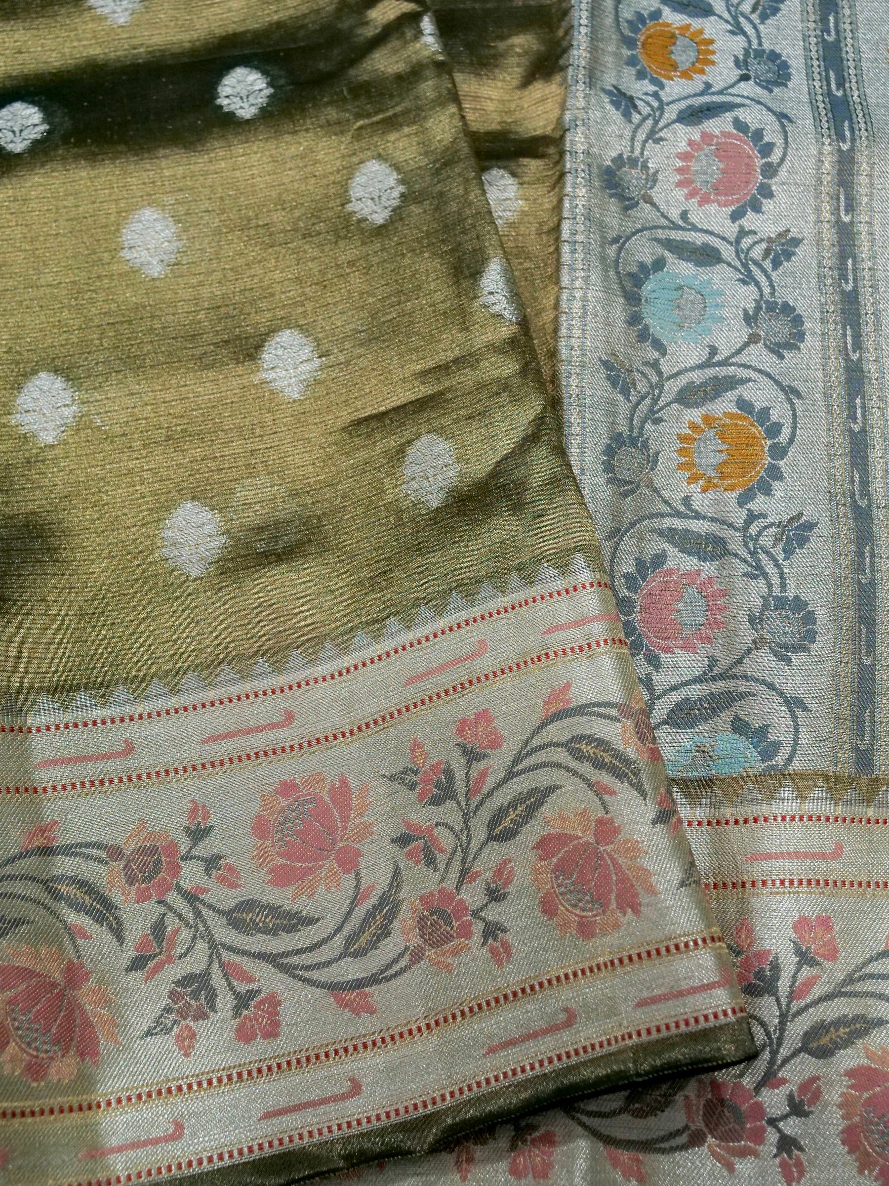 Banarasi Pure Tissue Silk Reshami Zari Silver Buti with Meena Border and Pallu