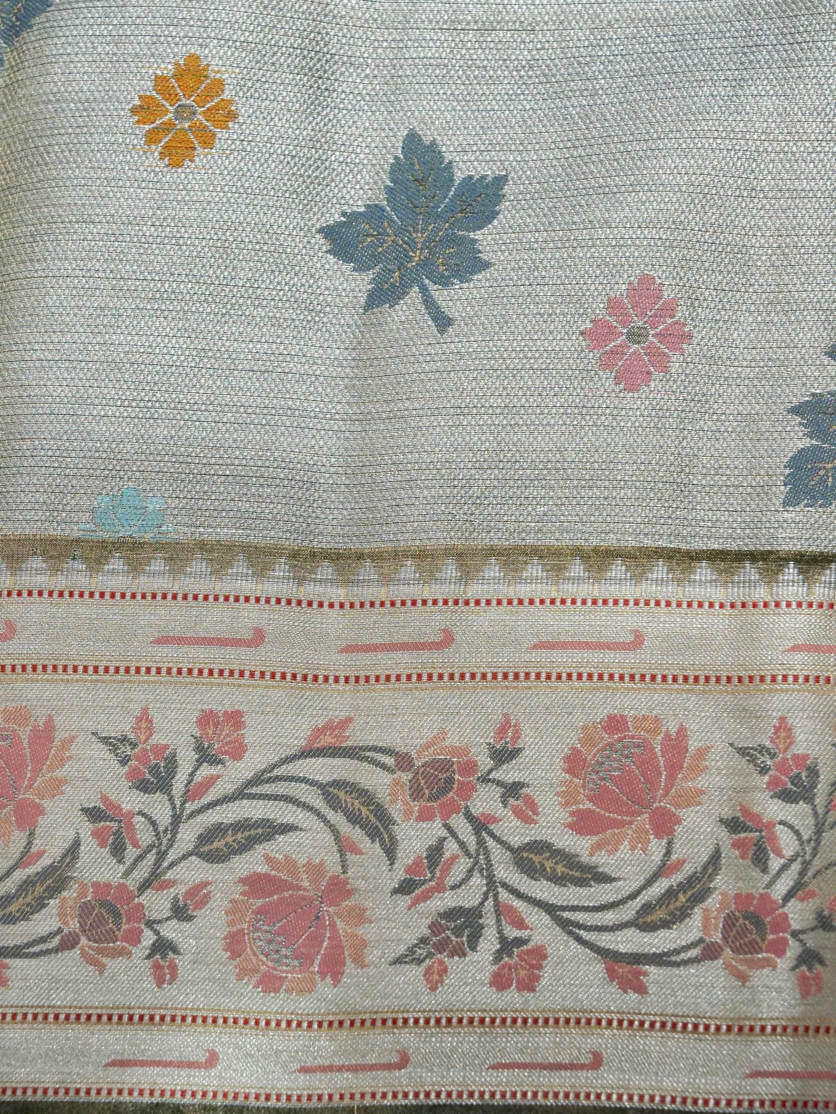 Banarasi Pure Tissue Silk Reshami Zari Silver Buti with Meena Border and Pallu