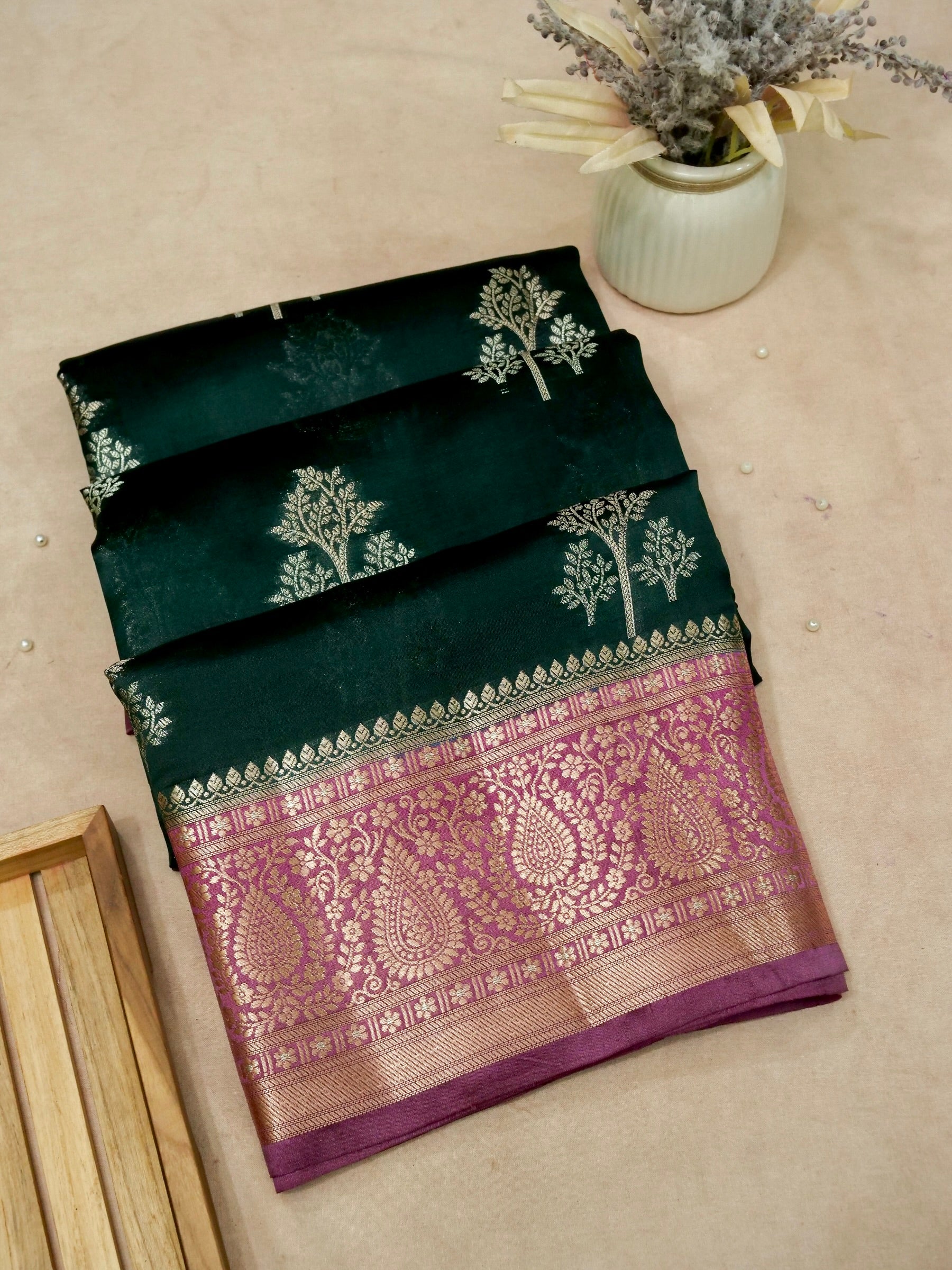 Banarasi Pure Mango Silk Allover Zari Buti with Contrast Border and Blouse