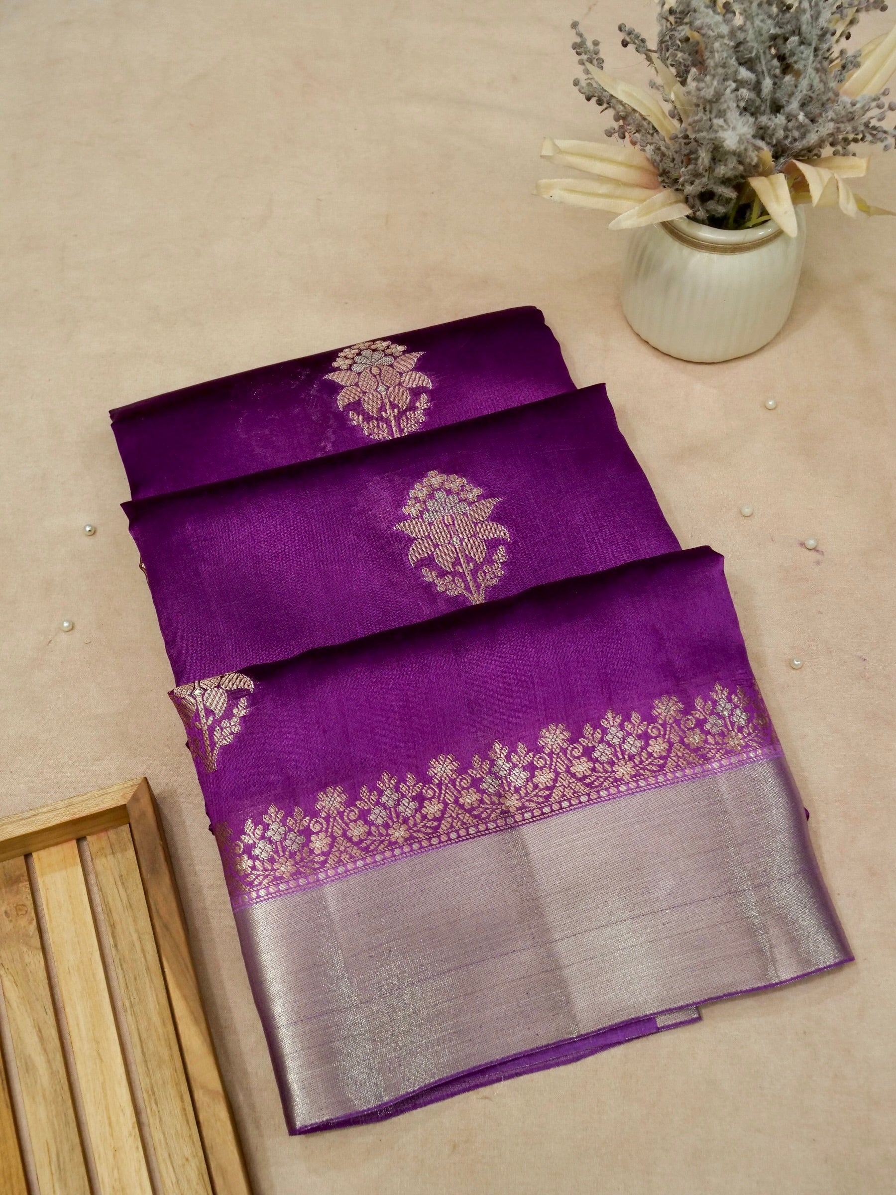 Banarasi Pure Mango Silk Allover Floral Sona Rupa Zari Buti with Zari Border