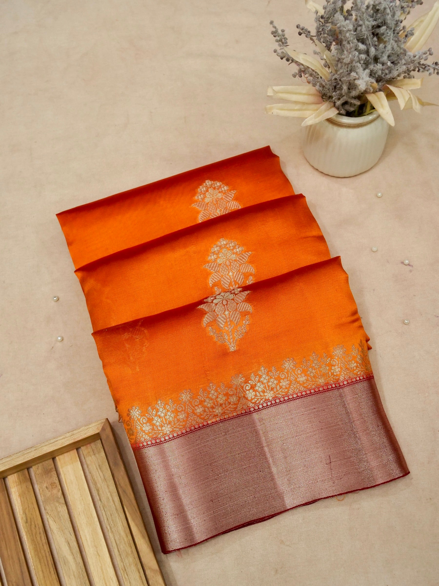 Banarasi Mango Silk Saree Allover Sona Rupa Zari Buti with Contrast Blouse