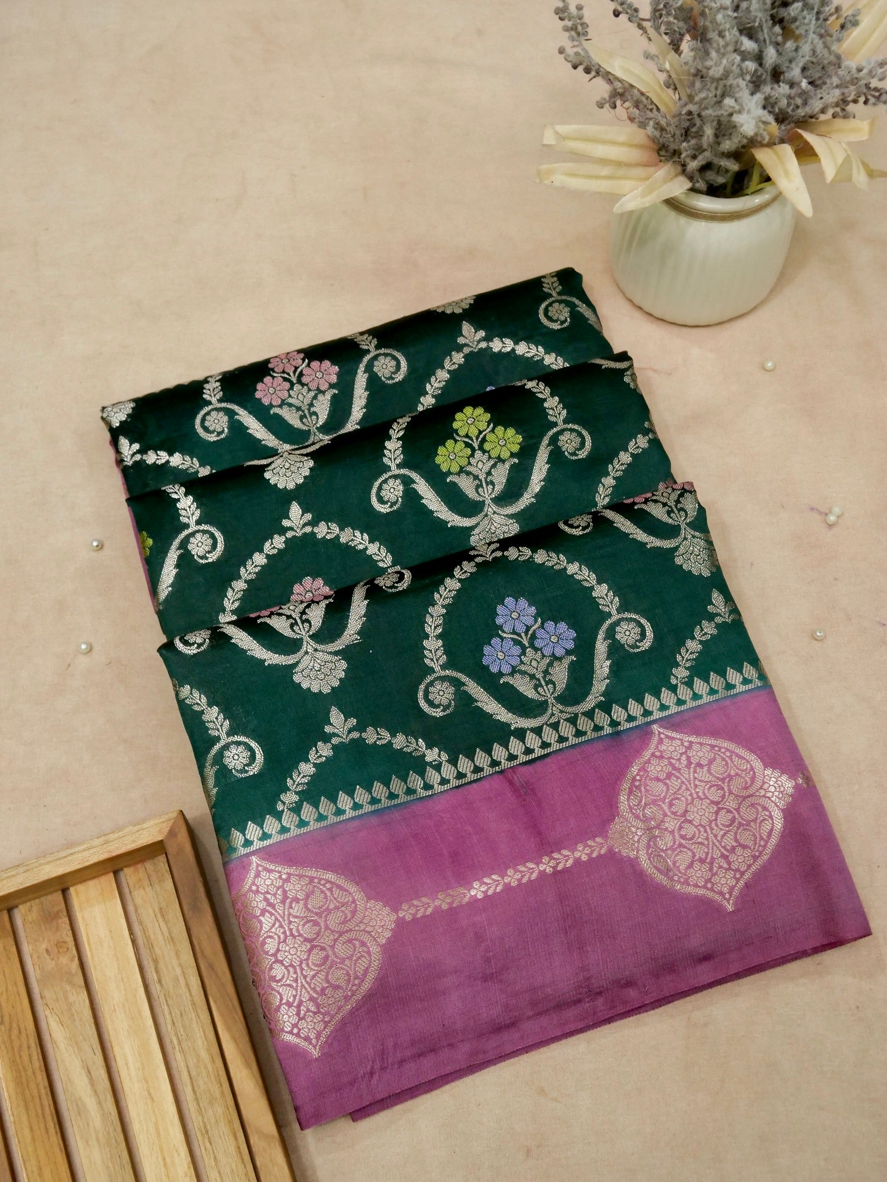 Banarasi pure mango silk allover zari buti with tilfi meena border