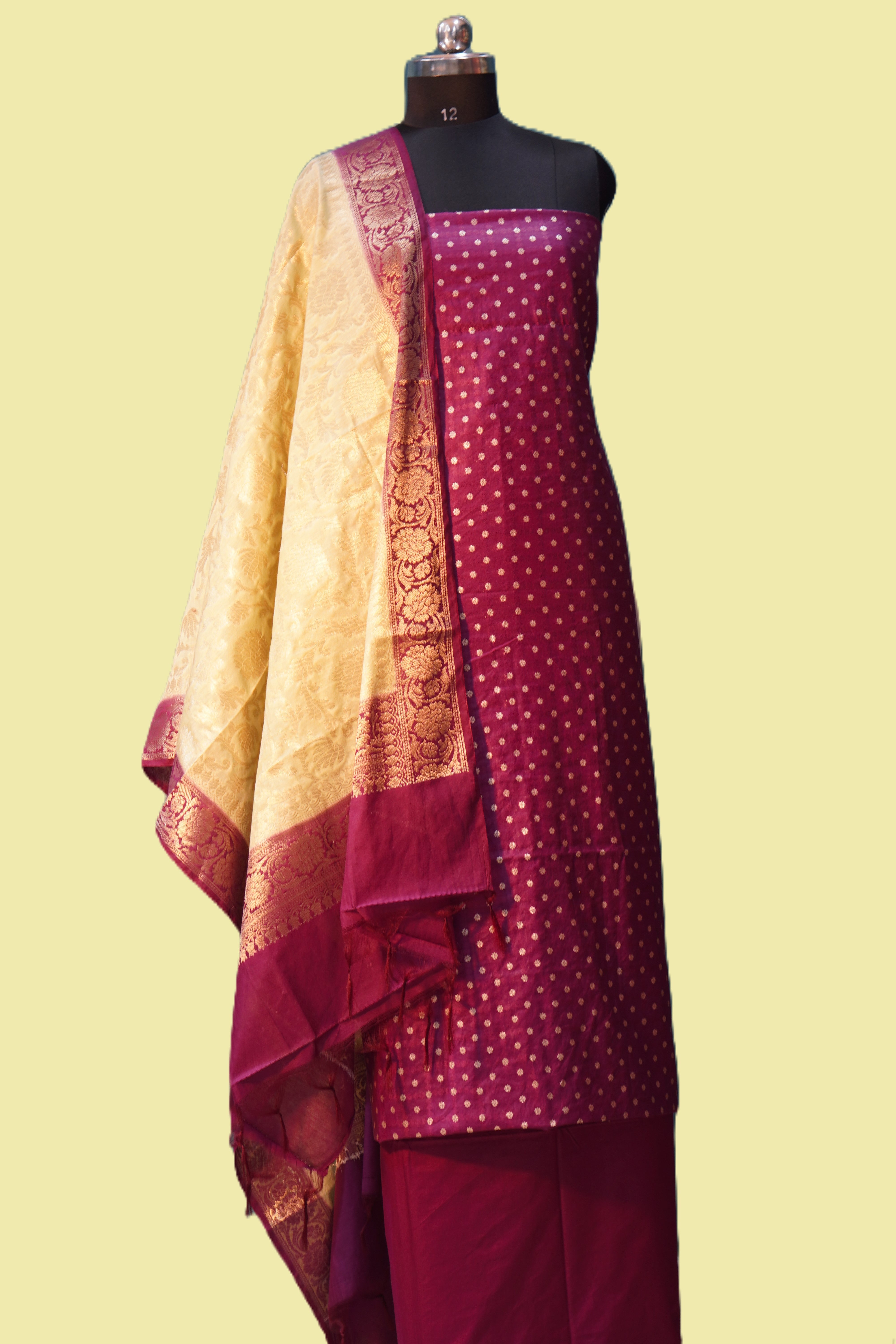 Banarasi Suit Mahroon Mulberry Silk Contrast Banarasi Dupatta