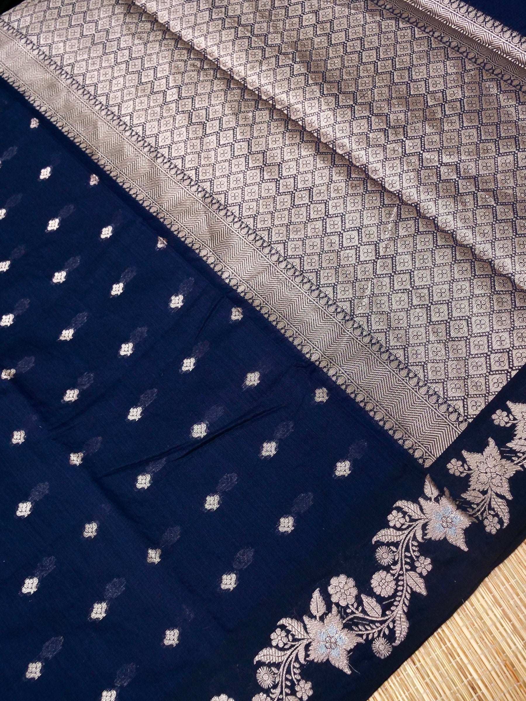 Banarasi Mangalgiri cotton silk allover jari buti with floral lahariya jari Meena border rich pallu with jacquard Blouse