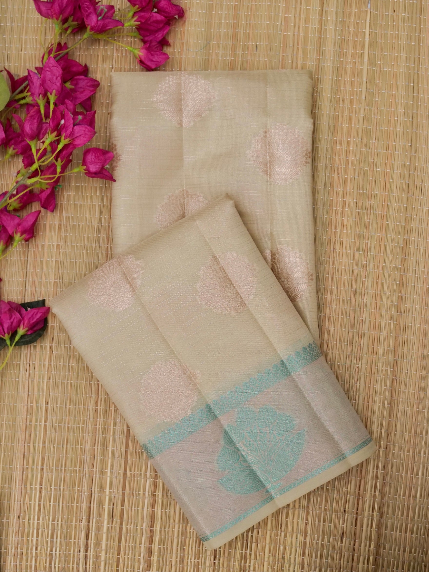 Cotton moti silk zari linning with tissue jari buta border with rich pallu and jacquard Blouse