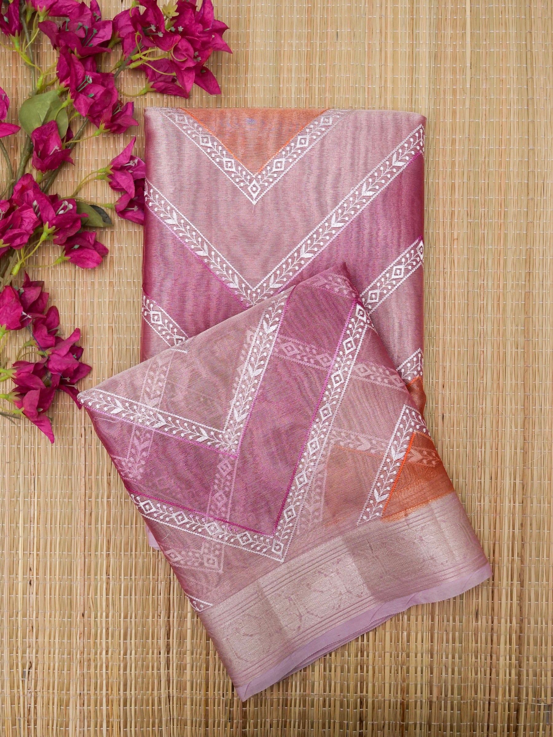 Banarasi tissue silk allover computer embroidery with rangkaat with blouse