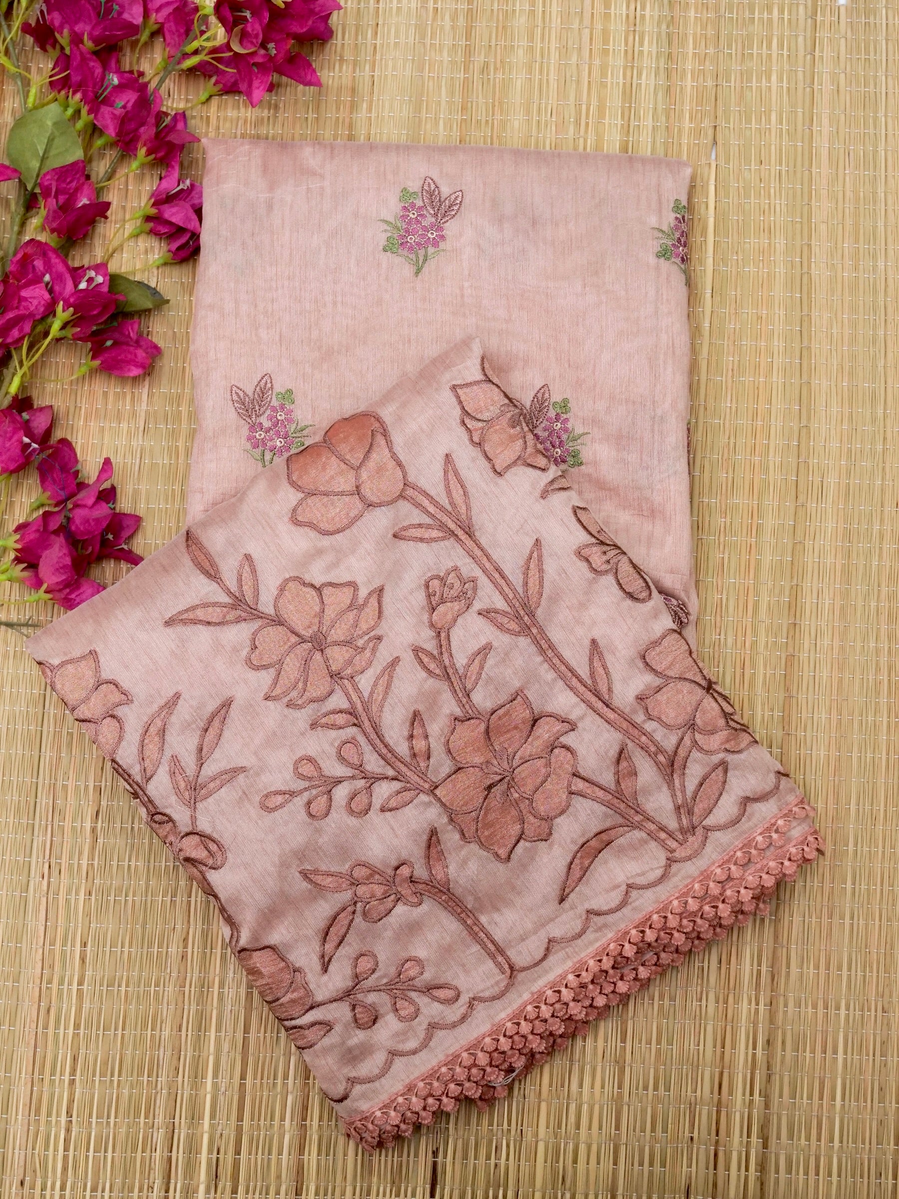 Banarasi cotton silk allover floral computer embroidery with skurt applic border attached jaquard blouse