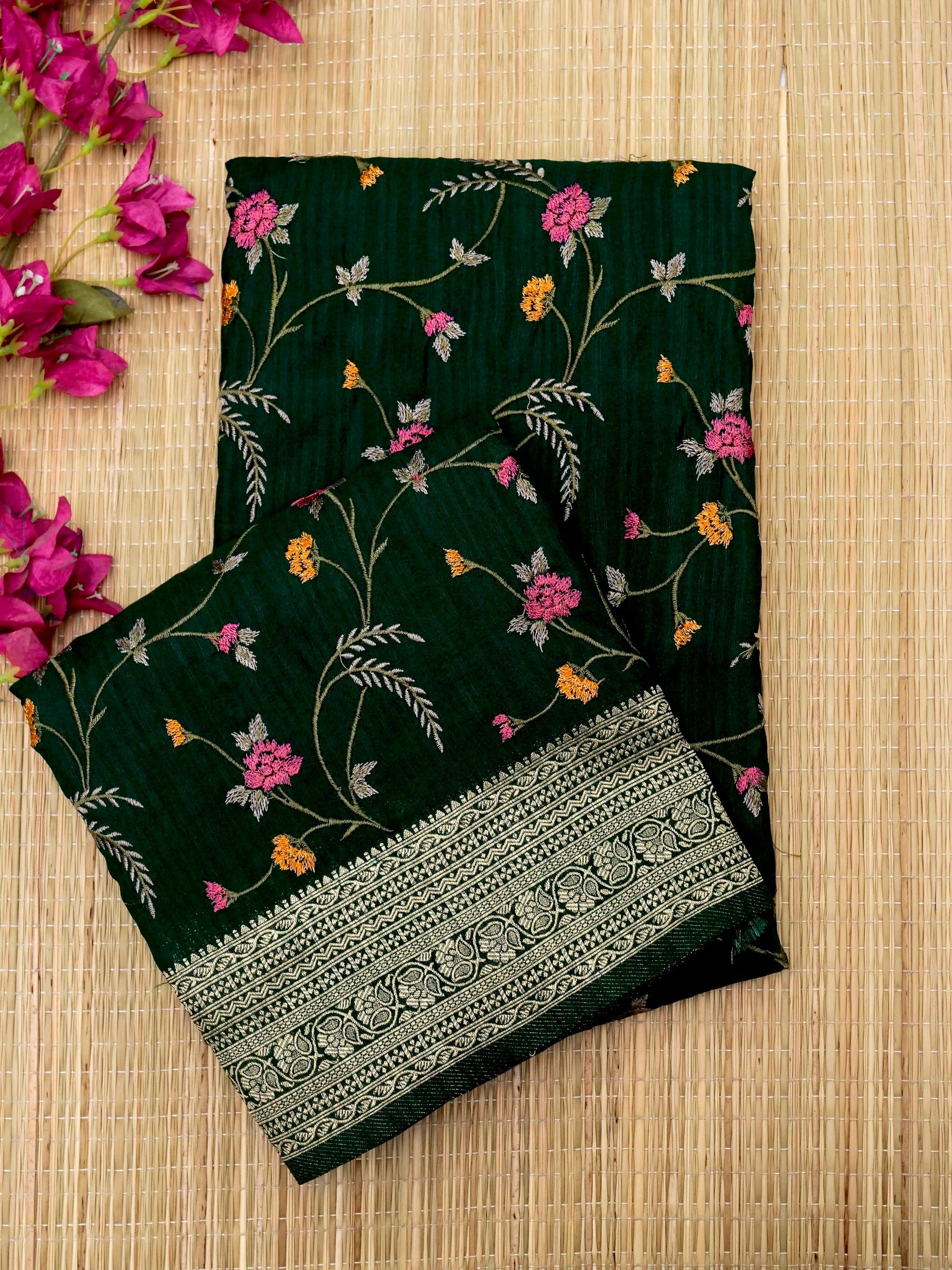 Banarasi Russian silk allover resham embroidery with Kanchi border and rich pallu attached jari buti Blouse