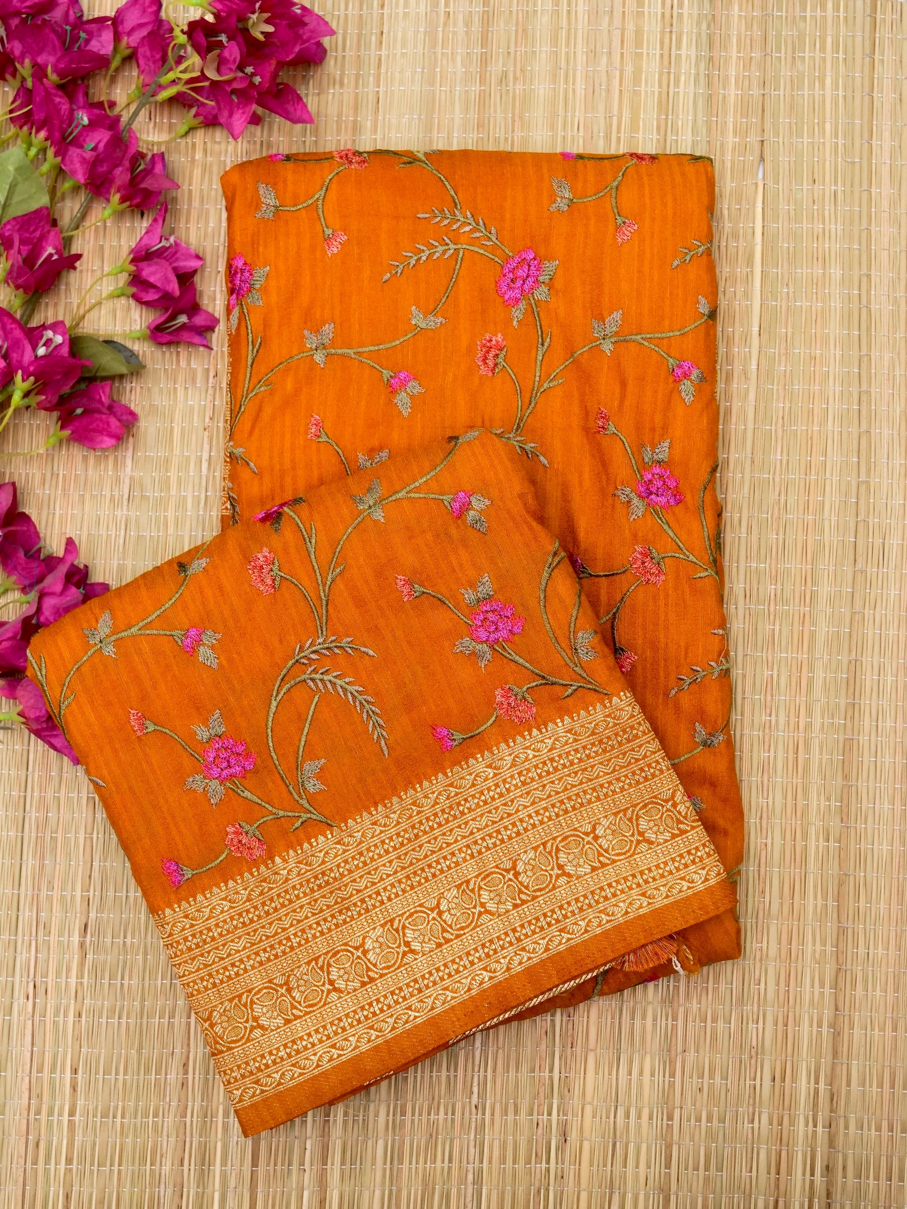 Banarasi Russian silk allover resham embroidery with Kanchi border and rich pallu attached jari buti Blouse