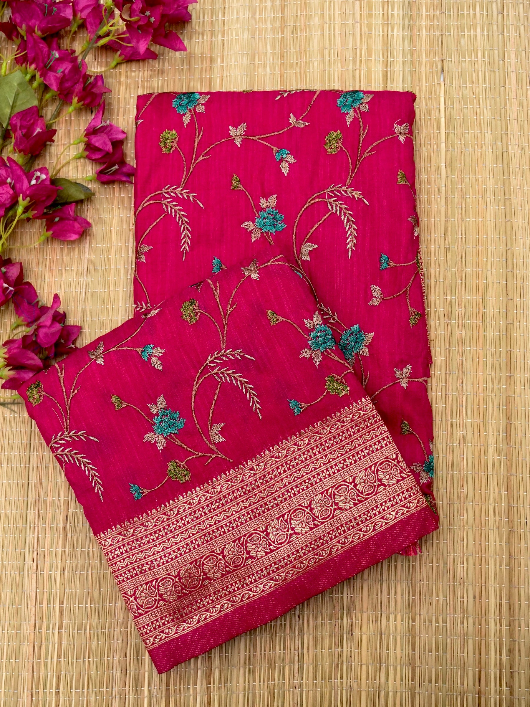 Banarasi Russian silk allover resham embroidery with Kanchi border and rich pallu attached jari buti Blouse