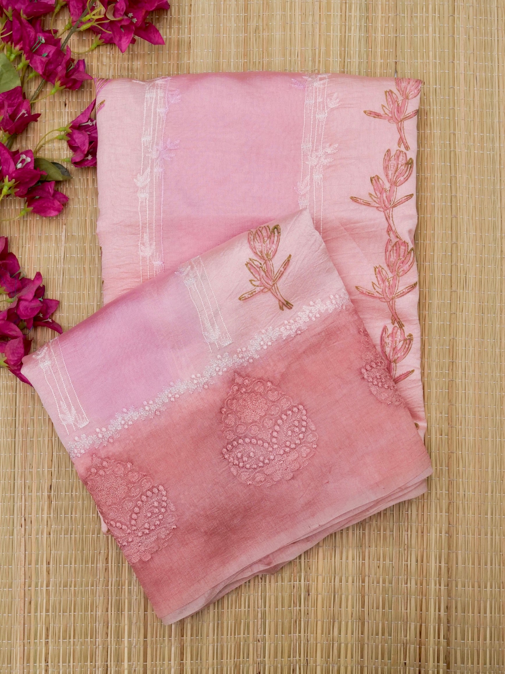 Banarasi pure raw mango silk allover computer embroidery and hand brushing with printed blouse