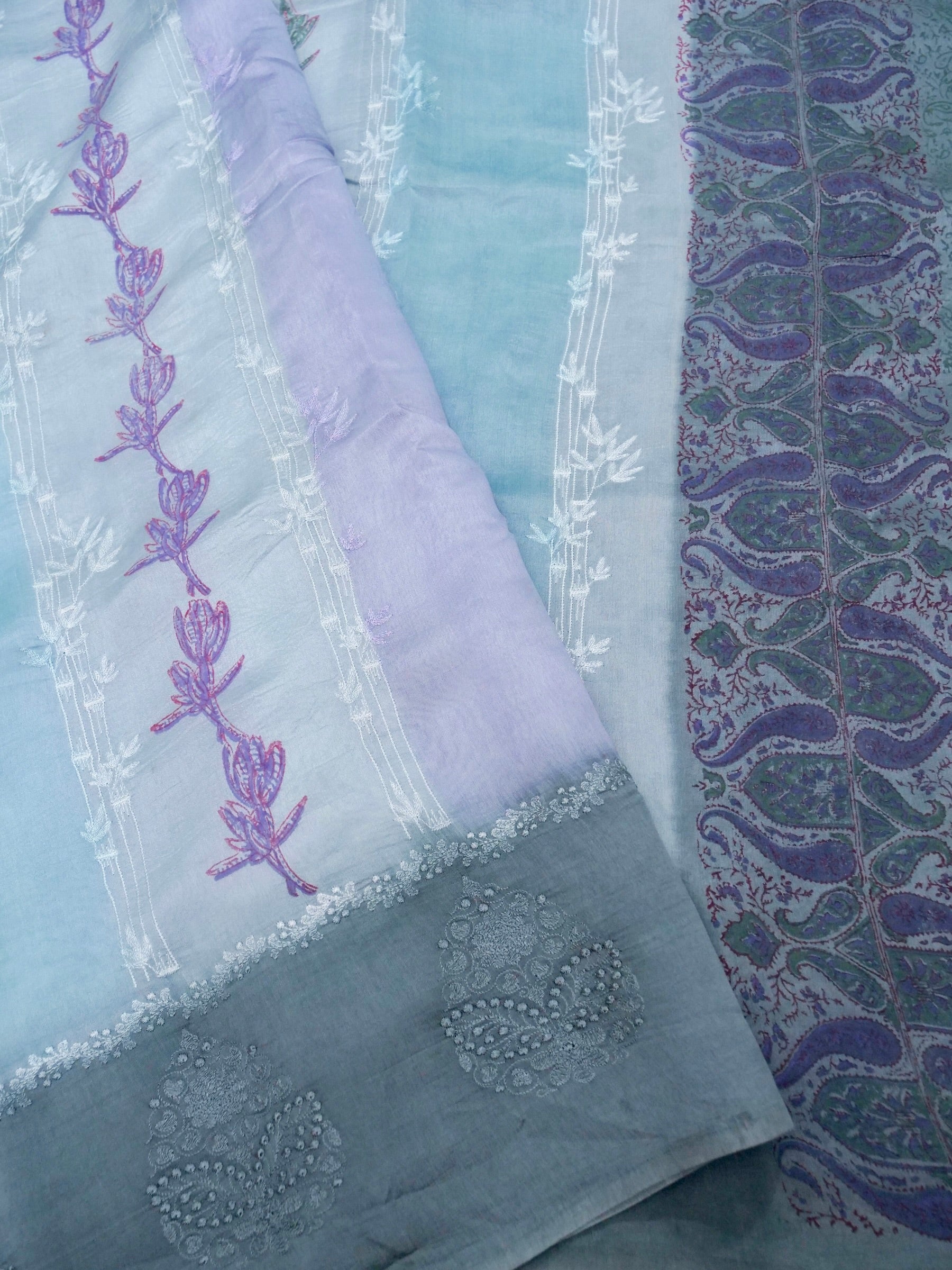 Banarasi pure raw mango silk allover computer embroidery and hand brushing with printed blouse