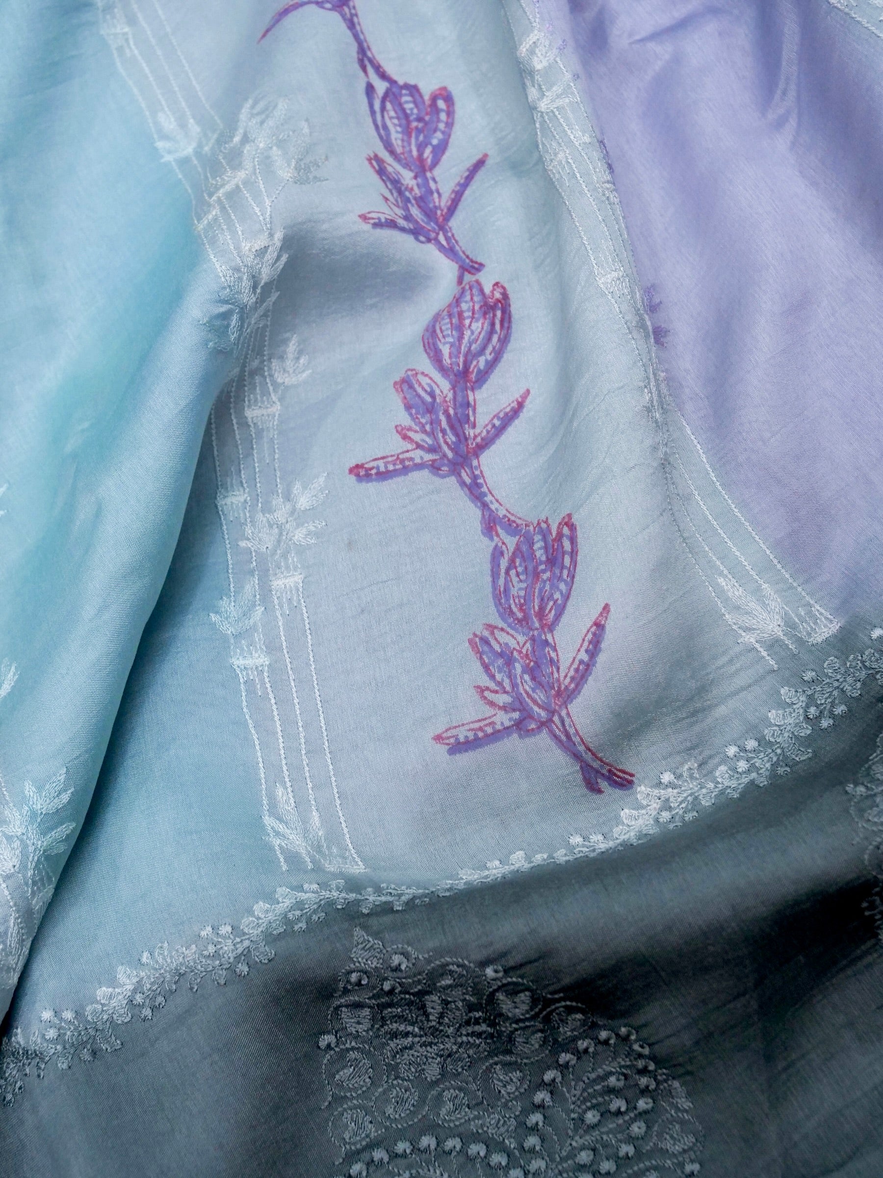 Banarasi pure raw mango silk allover computer embroidery and hand brushing with printed blouse