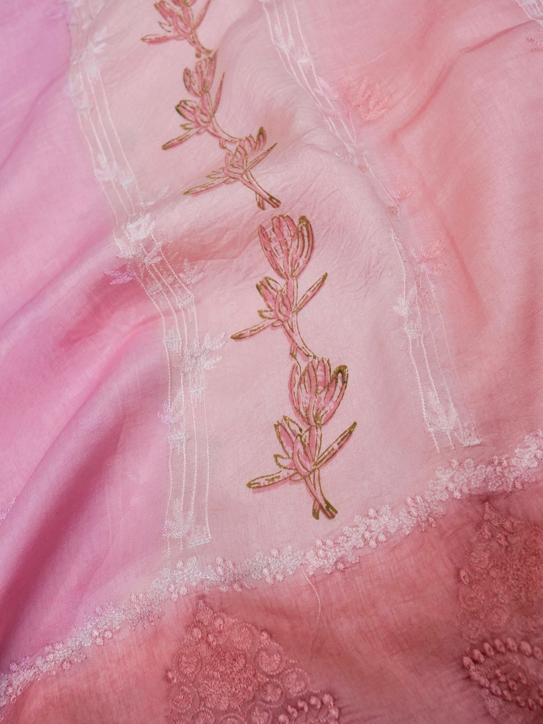 Banarasi pure raw mango silk allover computer embroidery and hand brushing with printed blouse