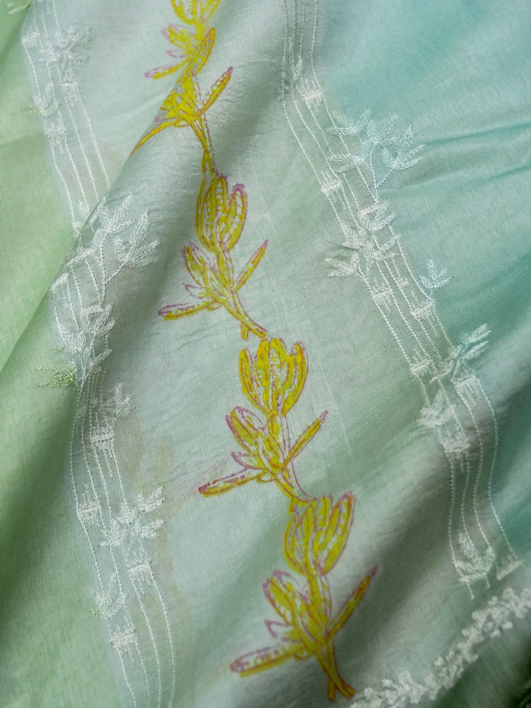 Banarasi pure raw mango silk allover computer embroidery and hand brushing with printed blouse