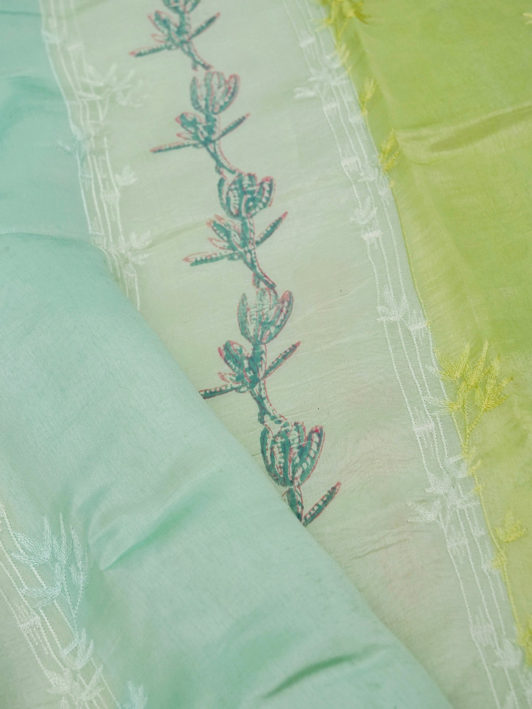 Banarasi pure raw mango silk allover computer embroidery and hand brushing with printed blouse