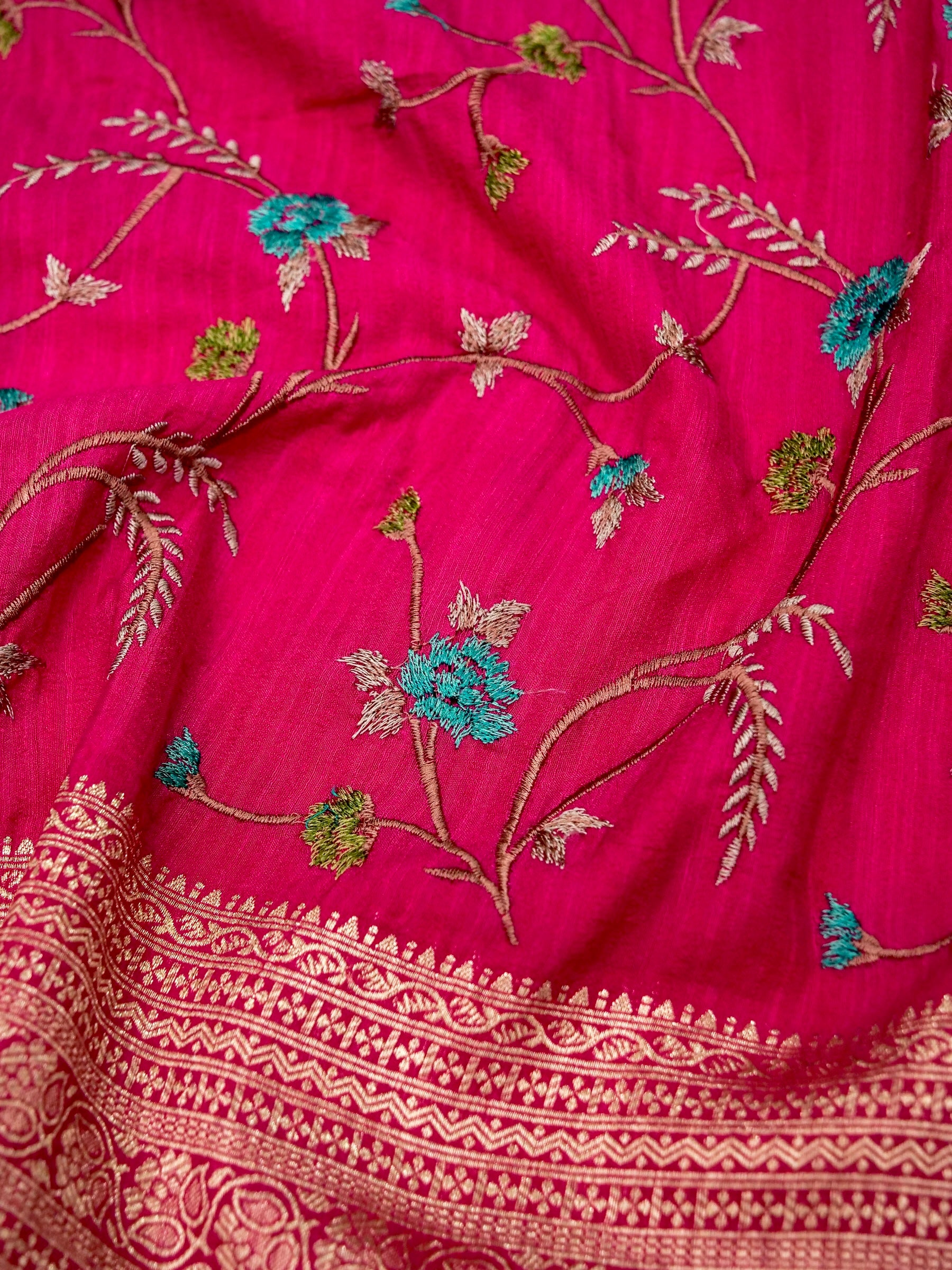 Banarasi Russian silk allover resham embroidery with Kanchi border and rich pallu attached jari buti Blouse