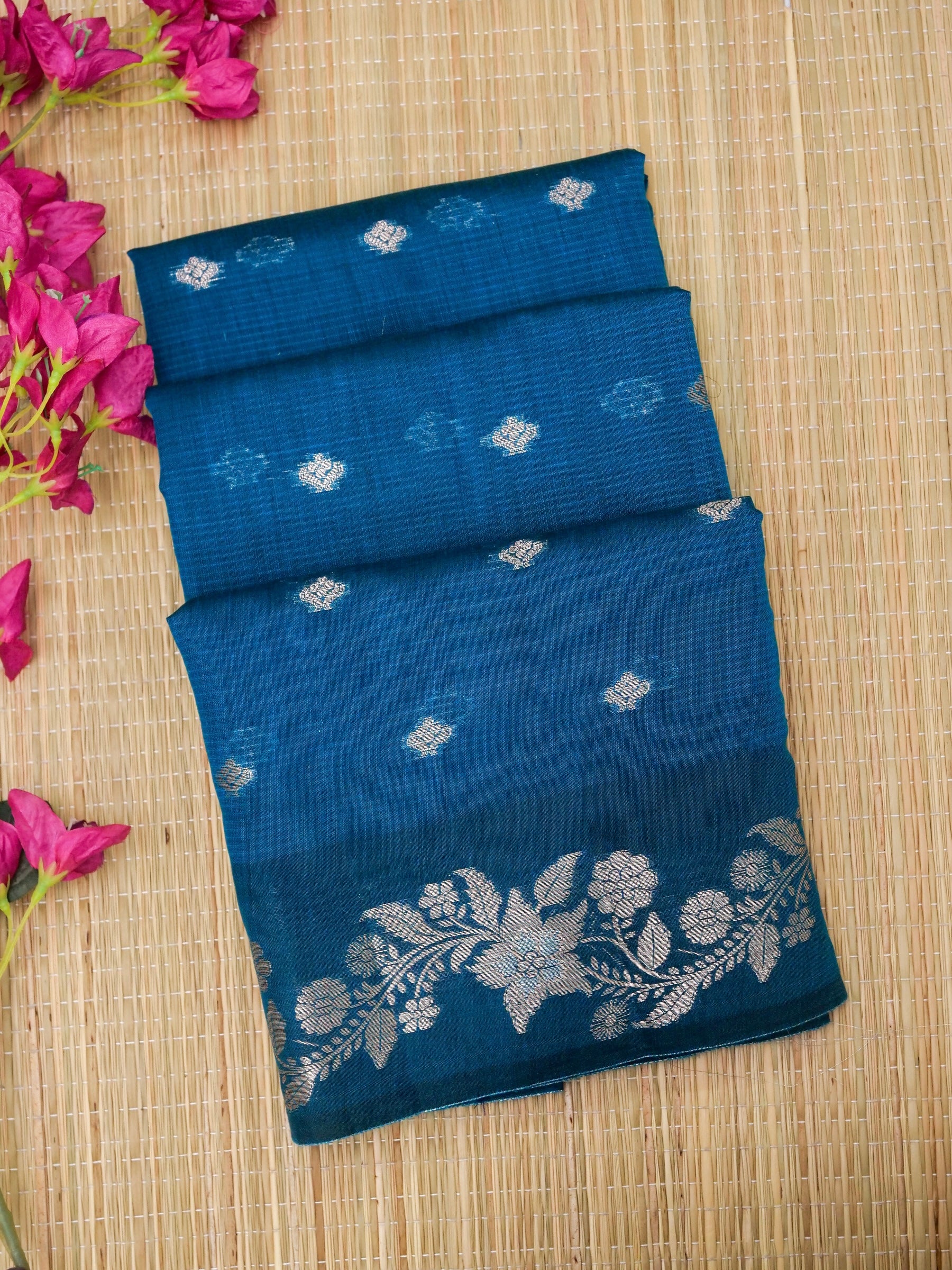 Banarasi Mangalgiri cotton silk allover jari buti with floral lahariya jari Meena border rich pallu with jacquard Blouse