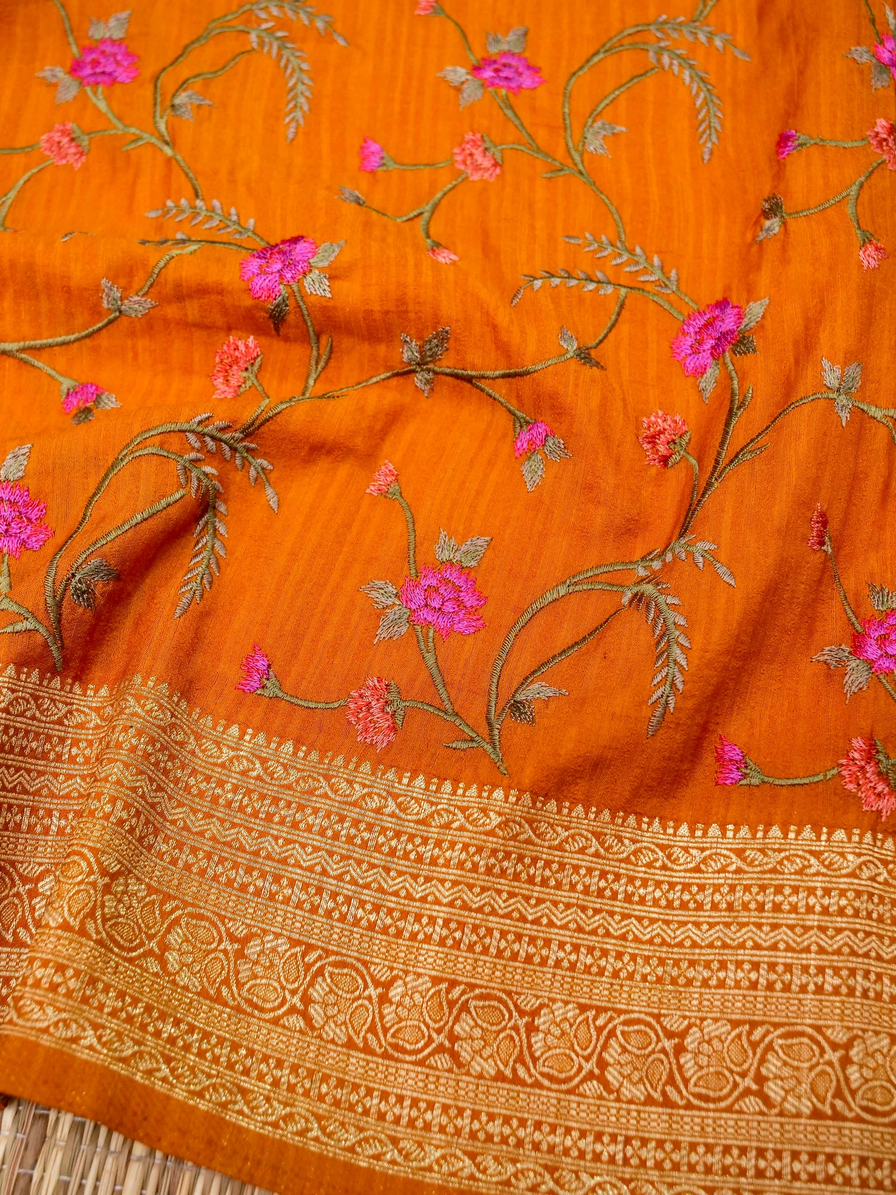 Banarasi Russian silk allover resham embroidery with Kanchi border and rich pallu attached jari buti Blouse