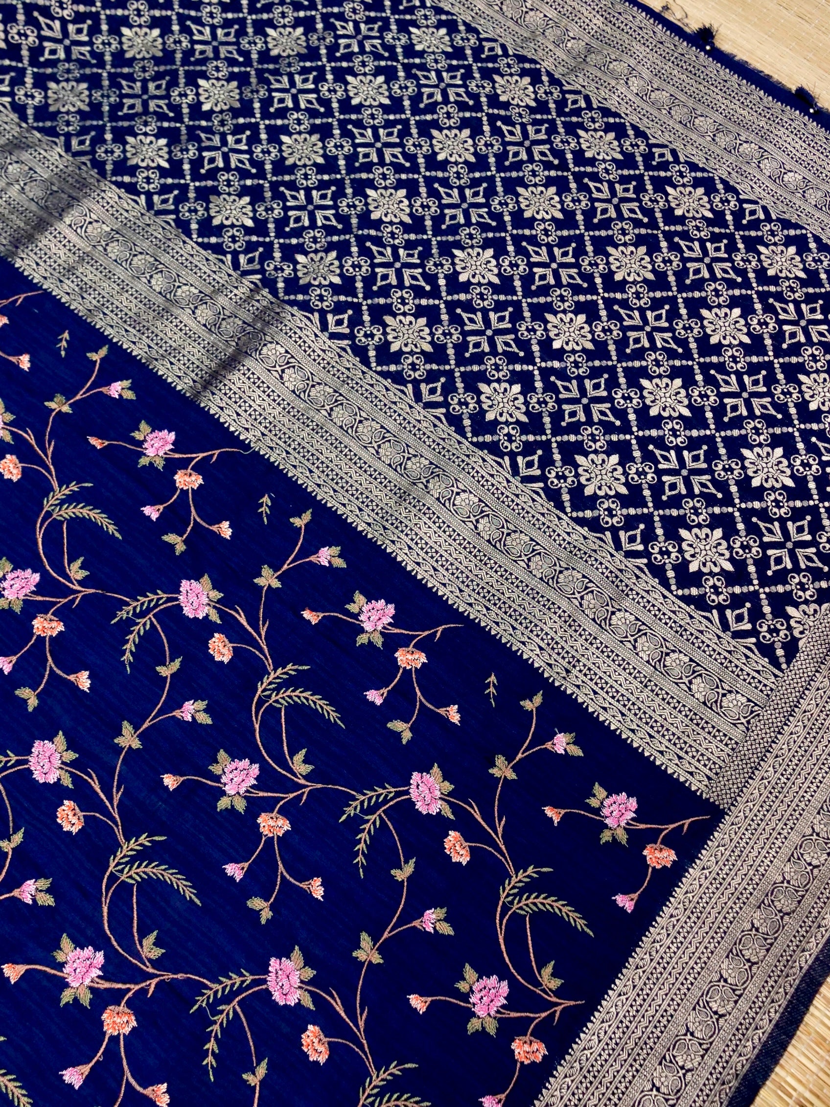 Banarasi Russian silk allover resham embroidery with Kanchi border and rich pallu attached jari buti Blouse