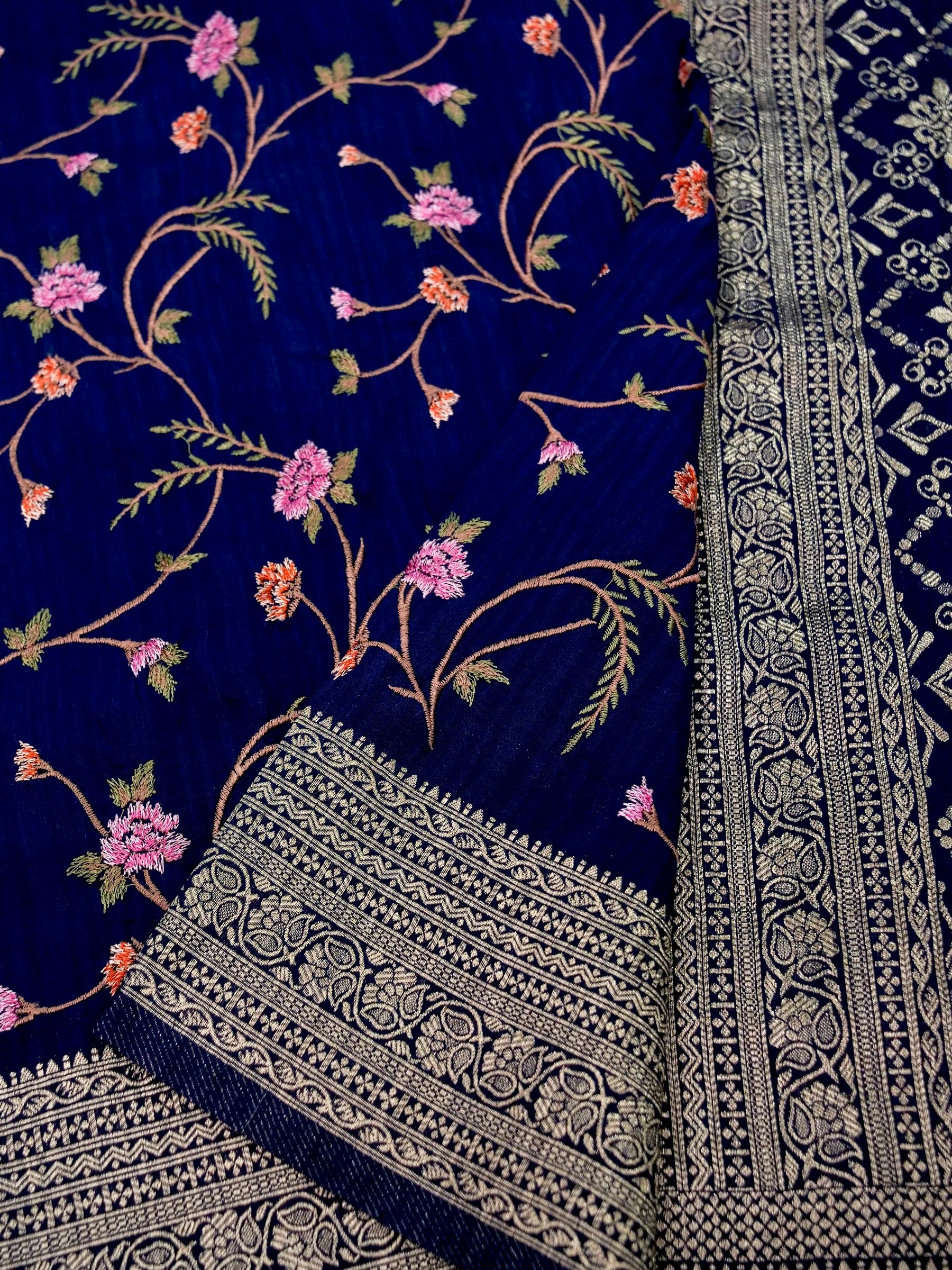 Banarasi Russian silk allover resham embroidery with Kanchi border and rich pallu attached jari buti Blouse